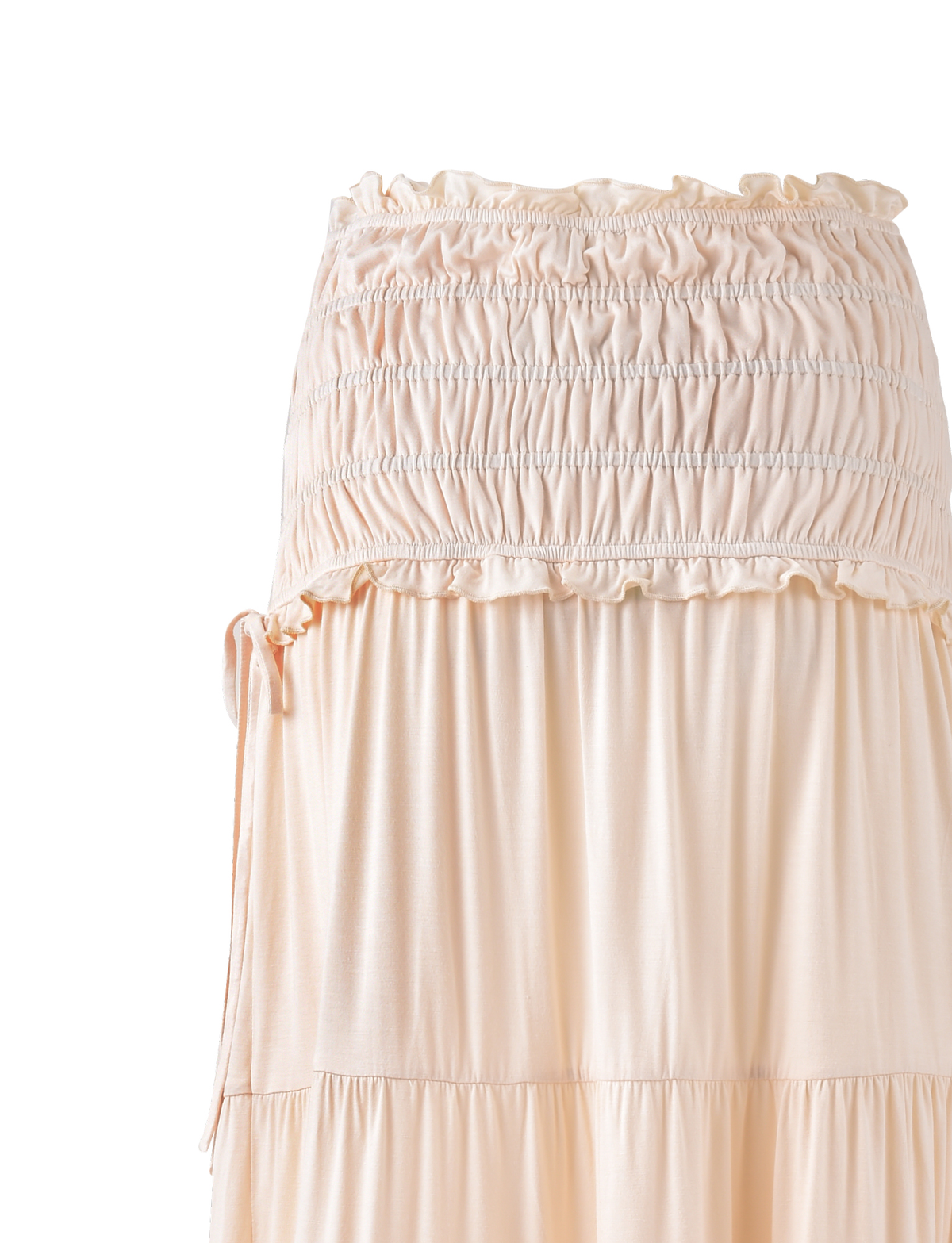 A close-up of the TIGERMIST DENALI MAXI SKIRT in Neutral: Bone, featuring a soft, lightweight fabric with a flowy, tiered silhouette and elegant flare—perfect for standout style.
