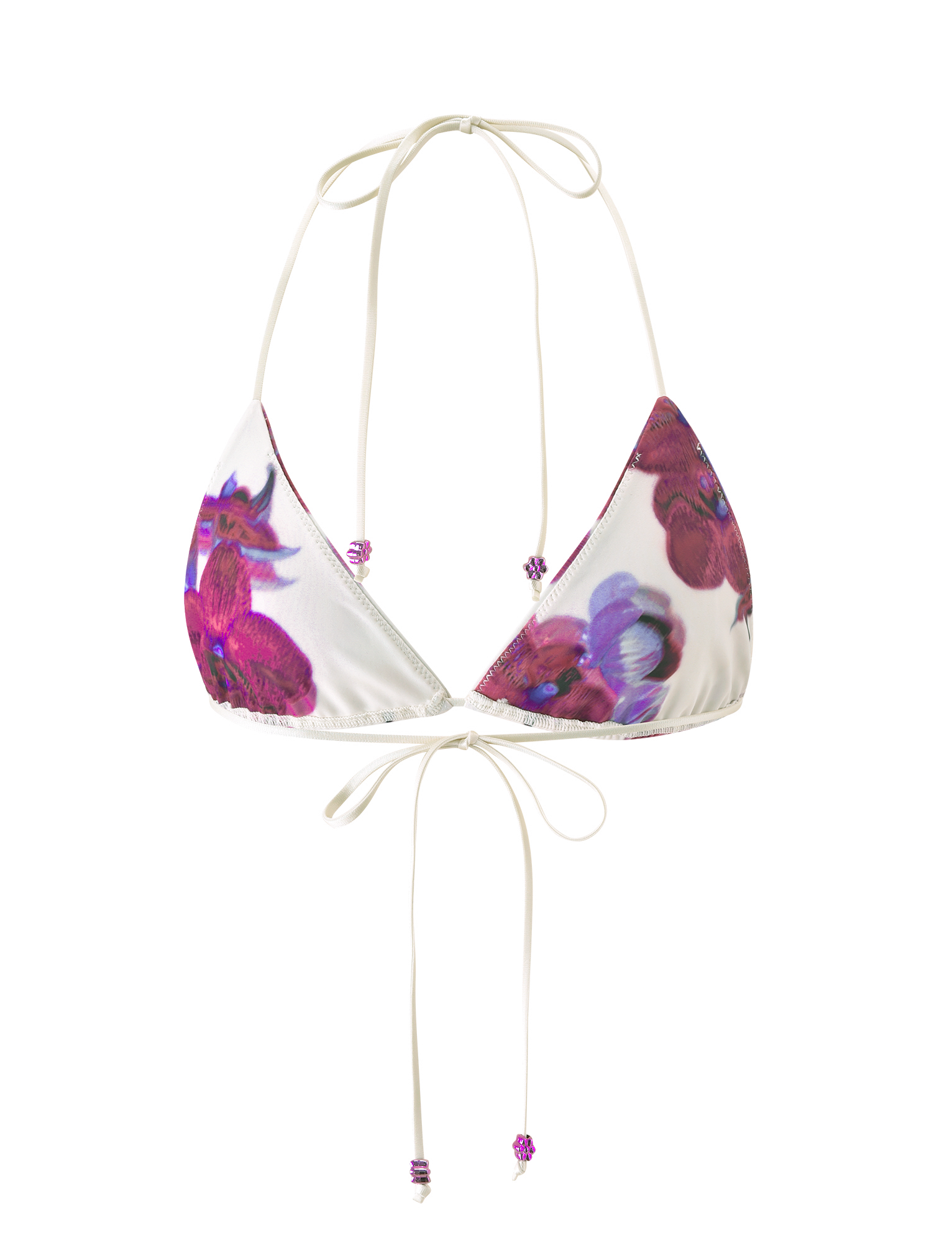 TIGERMIST AVE BIKINI TOP - ORCHID HAZE: White triangle bikini top with thin straps, featuring a purple and pink floral print.