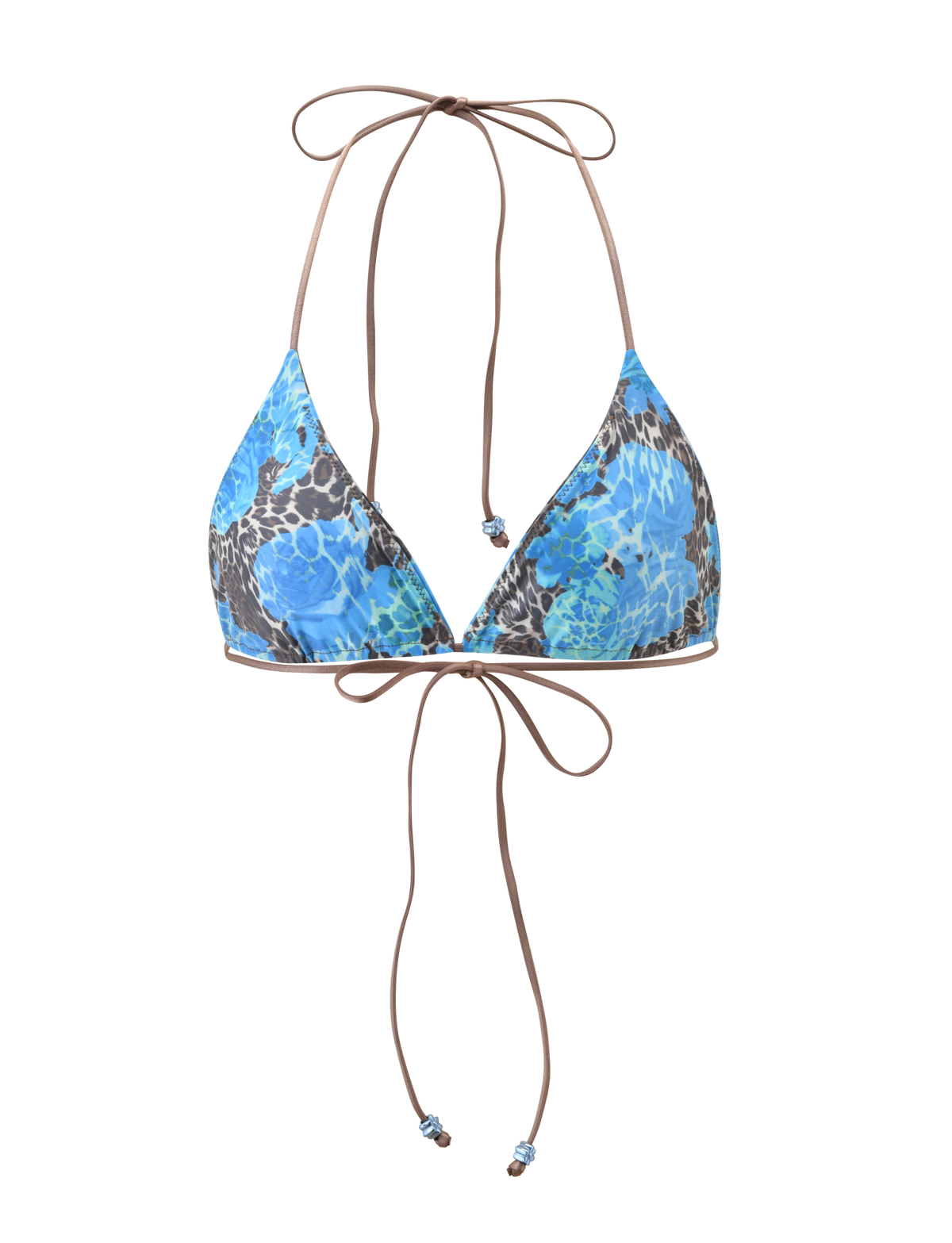 The AVE BIKINI TOP - BLUE LEOPARD by TIGERMIST features triangle cups, thin tan halter straps that tie at the neck and back, and decorative beads on the ends, blending animal print with a chic touch.