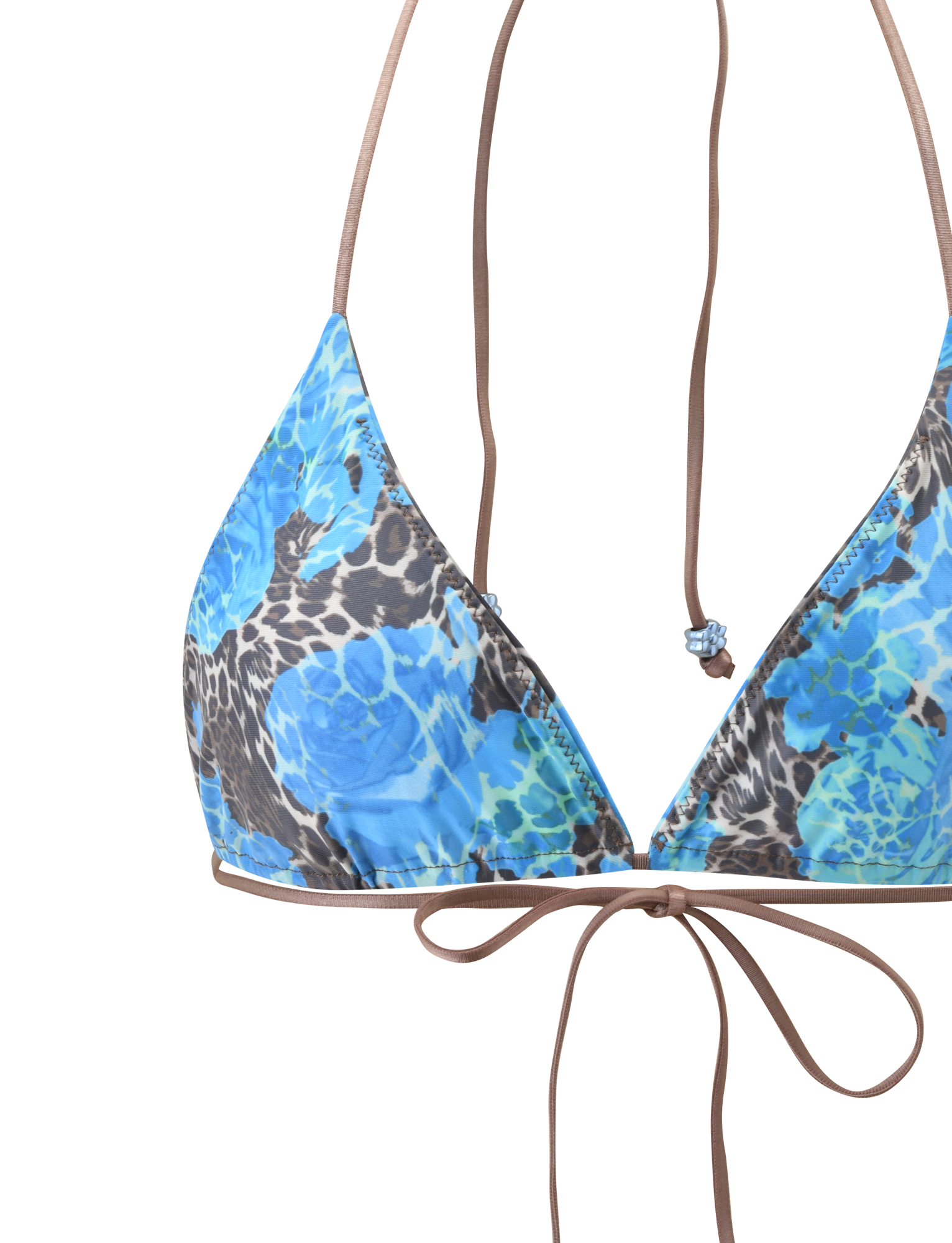 The AVE BIKINI TOP - BLUE LEOPARD by TIGERMIST features a halter neck silhouette, thin brown straps, a front-tied bow, and a close-up look at its unique blue floral and brown leopard print patterns.