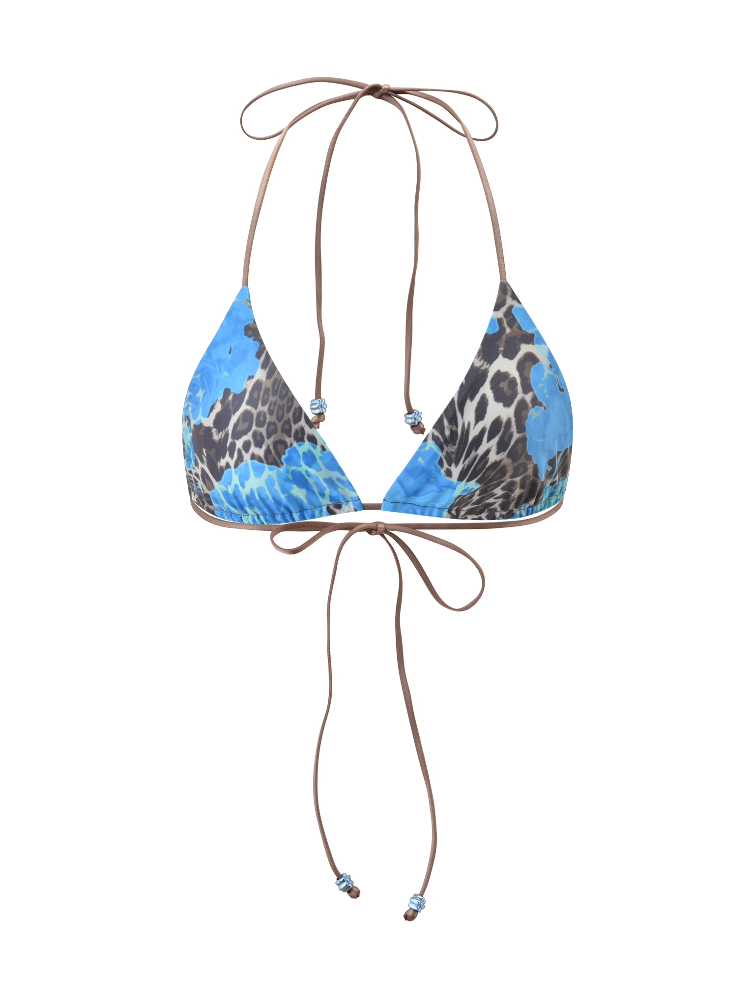 The TIGERMIST AVE BIKINI TOP - BLUE LEOPARD features a classic triangle design with black spots and thin brown adjustable straps, shown on a plain white background.