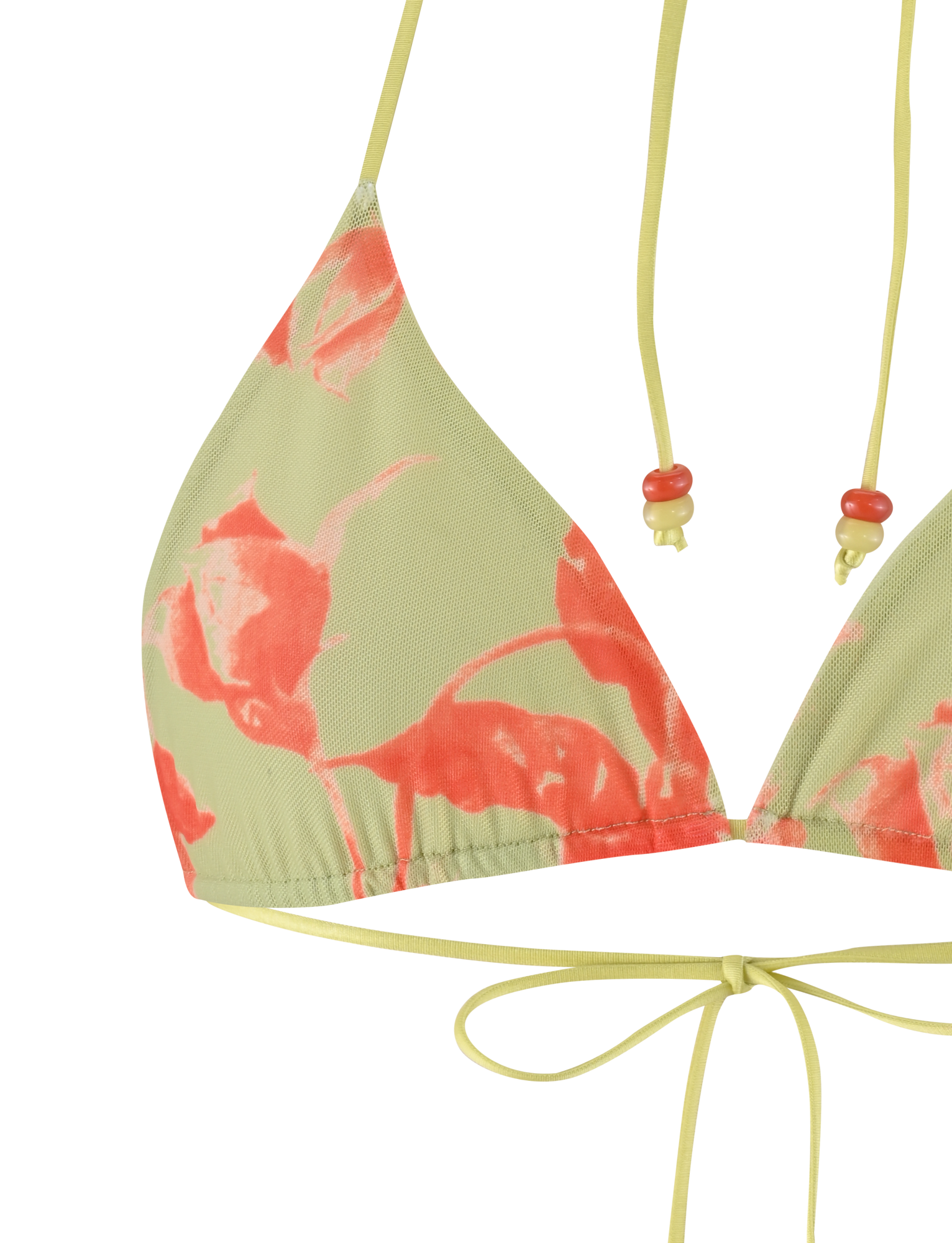 The AVE BIKINI TOP - POP FLORAL by TIGERMIST features a green base with a vibrant floral print, halter neck straps, and a playful front bow tie.