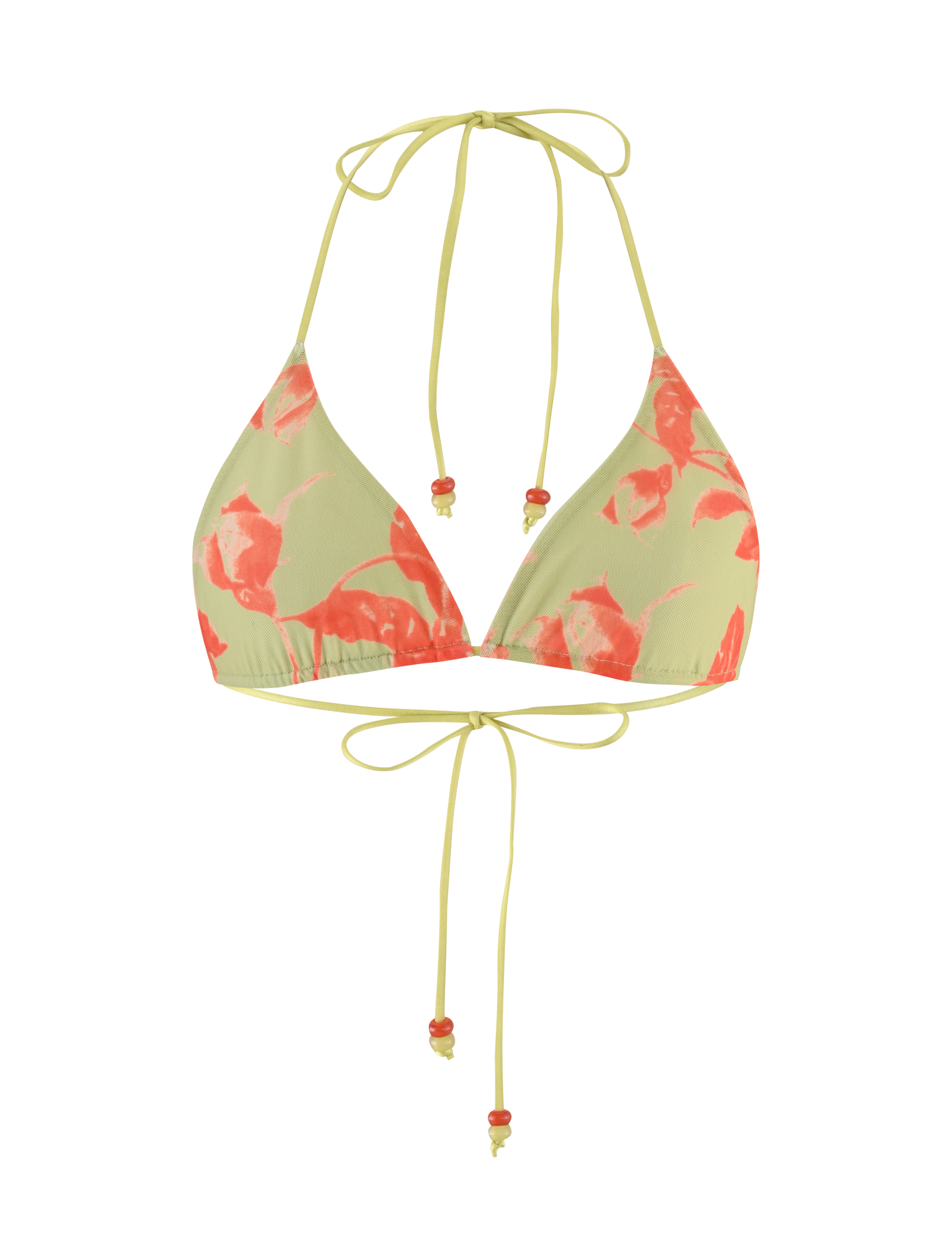 The AVE BIKINI TOP - POP FLORAL by TIGERMIST features a light green halter neck, pink and white floral print, adjustable neck and back ties, and ruched detailing under the bust.