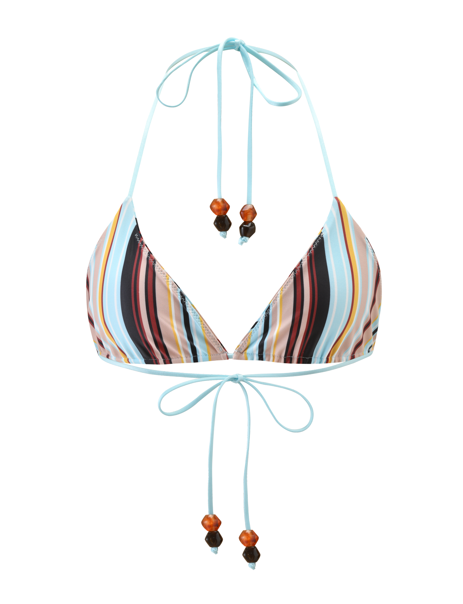 The AVE BIKINI TOP - VARIEGATED STRIPE by TIGERMIST is a classic triangle style featuring colorful stripes, thin light blue neck and back tie straps, and small brown and black decorative beads on the string ends.