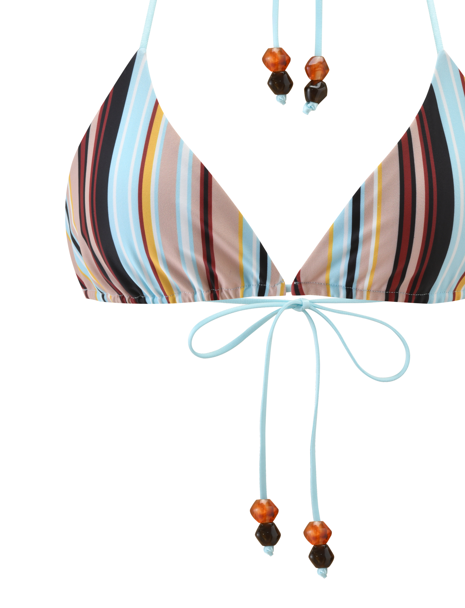 A close-up of the TIGERMIST AVE BIKINI TOP - VARIEGATED STRIPE, a triangle bikini with multicolored vertical stripes in blue, brown, yellow, and red, featuring light blue thin straps and beaded ties with orange and dark brown beads.
