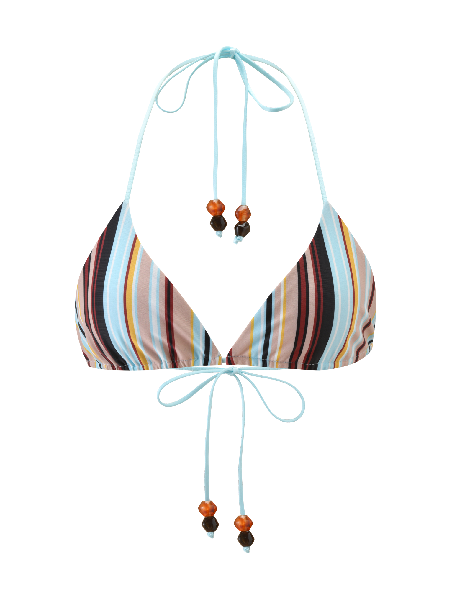 The TIGERMIST AVE BIKINI TOP - VARIEGATED STRIPE is a classic triangle bikini with thin blue tie straps and orange and brown beads, featuring vibrant vertical red, yellow, blue, and white stripes for a bold beach look.