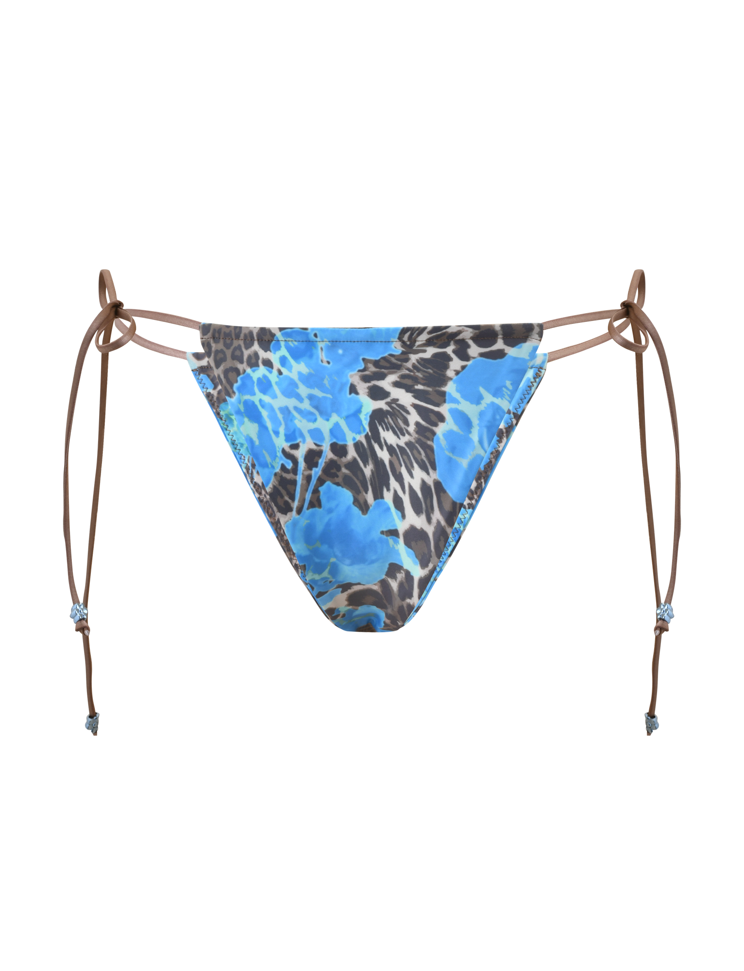 The AVE BIKINI BOTTOM - BLUE LEOPARD by TIGERMIST features brown adjustable side ties, a bold animal print, and a low-rise fit, shown on a plain white background.