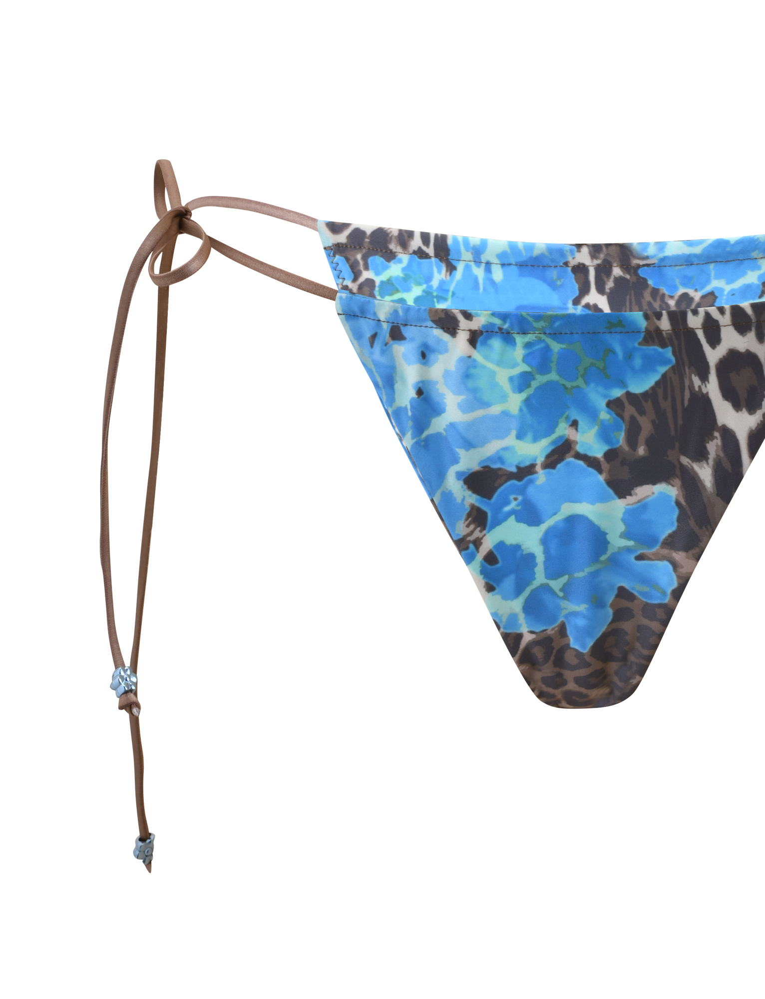 The TIGERMIST AVE BIKINI BOTTOM - BLUE LEOPARD is a classic low-rise bikini bottom with brown side tie strings, shown on a plain white background.