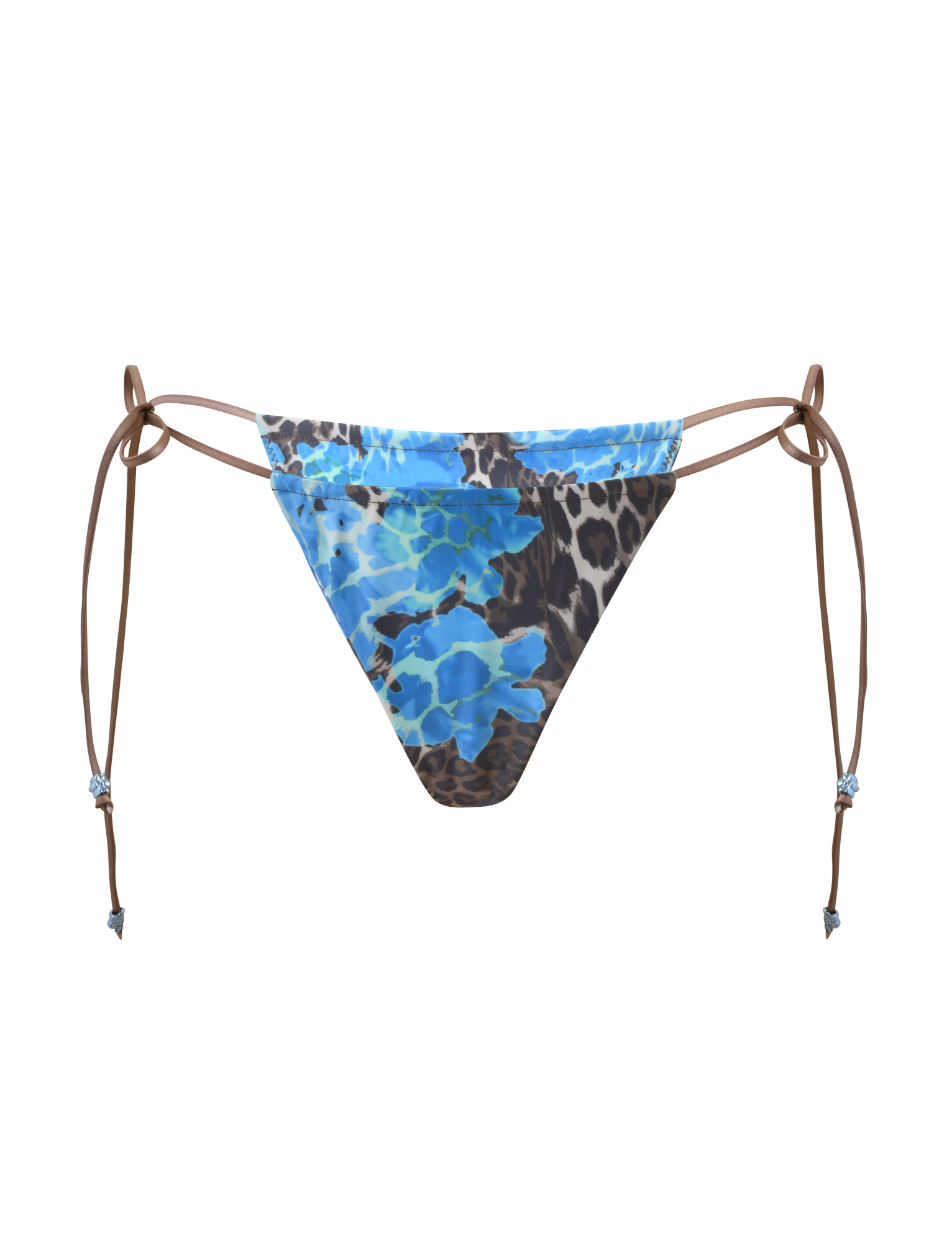 The AVE BIKINI BOTTOM - BLUE LEOPARD by TIGERMIST is a low-rise style with brown adjustable side ties, showcasing a bold blue and black leopard print on white.