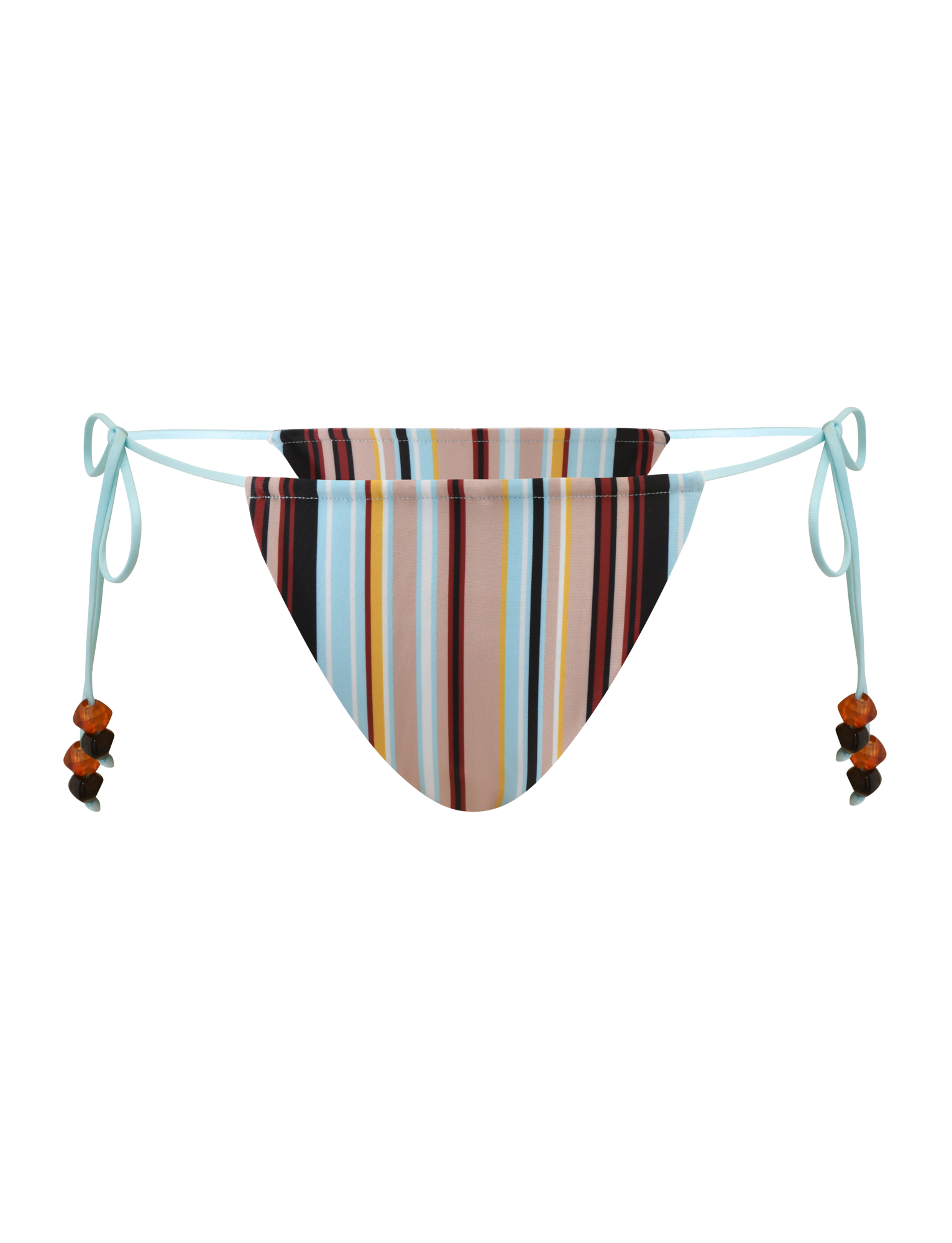 The AVE BIKINI BOTTOM - VARIEGATED STRIPE from TIGERMIST features multicolored vertical stripes and light blue adjustable side ties with orange and black beaded accents, offering playful, cheeky coverage.
