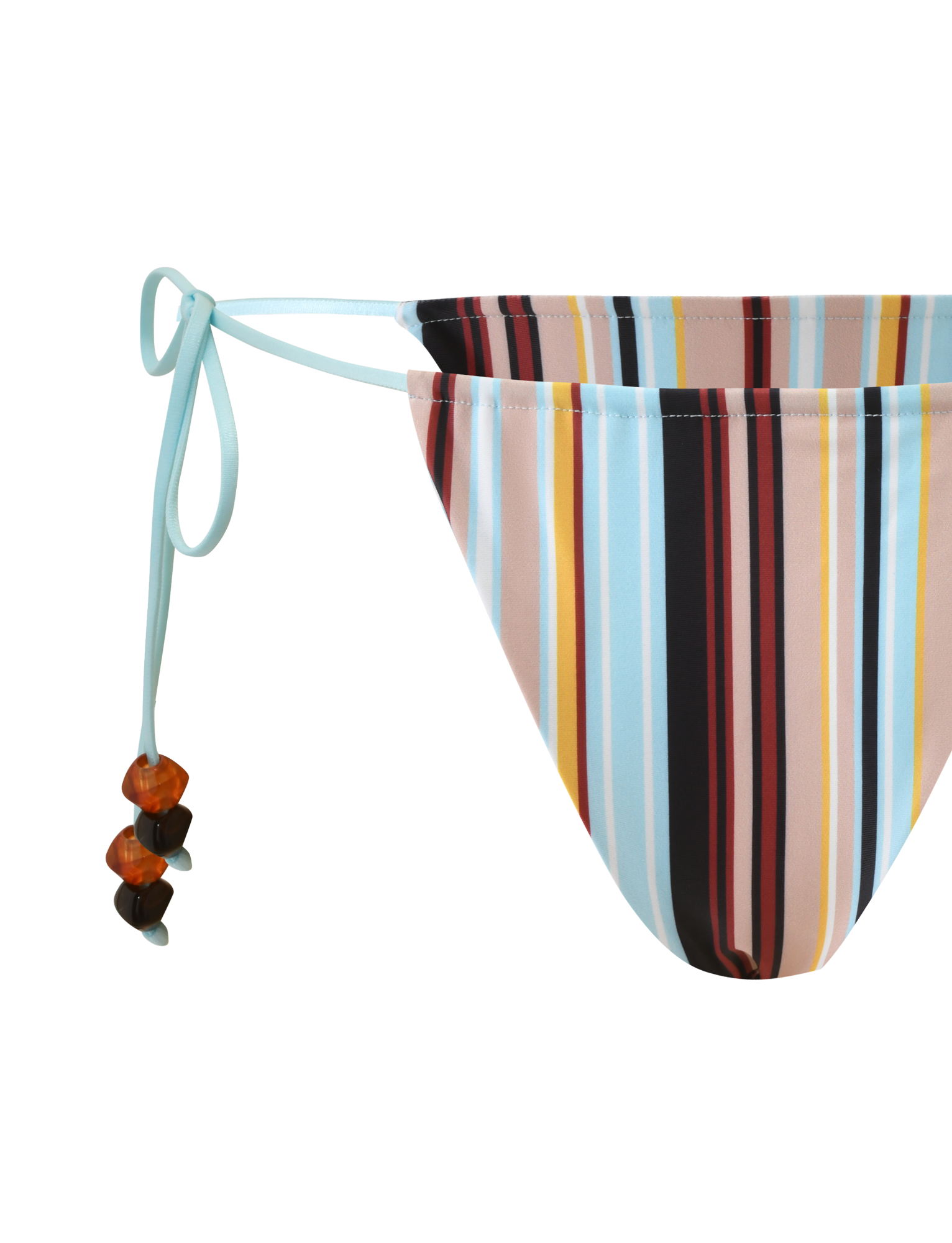 A close-up of the TIGERMIST AVE BIKINI BOTTOM - VARIEGATED STRIPE highlights its cheeky fit, adjustable side ties with brown beads, and bold vertical stripes in blue, black, red, orange, and beige on white.