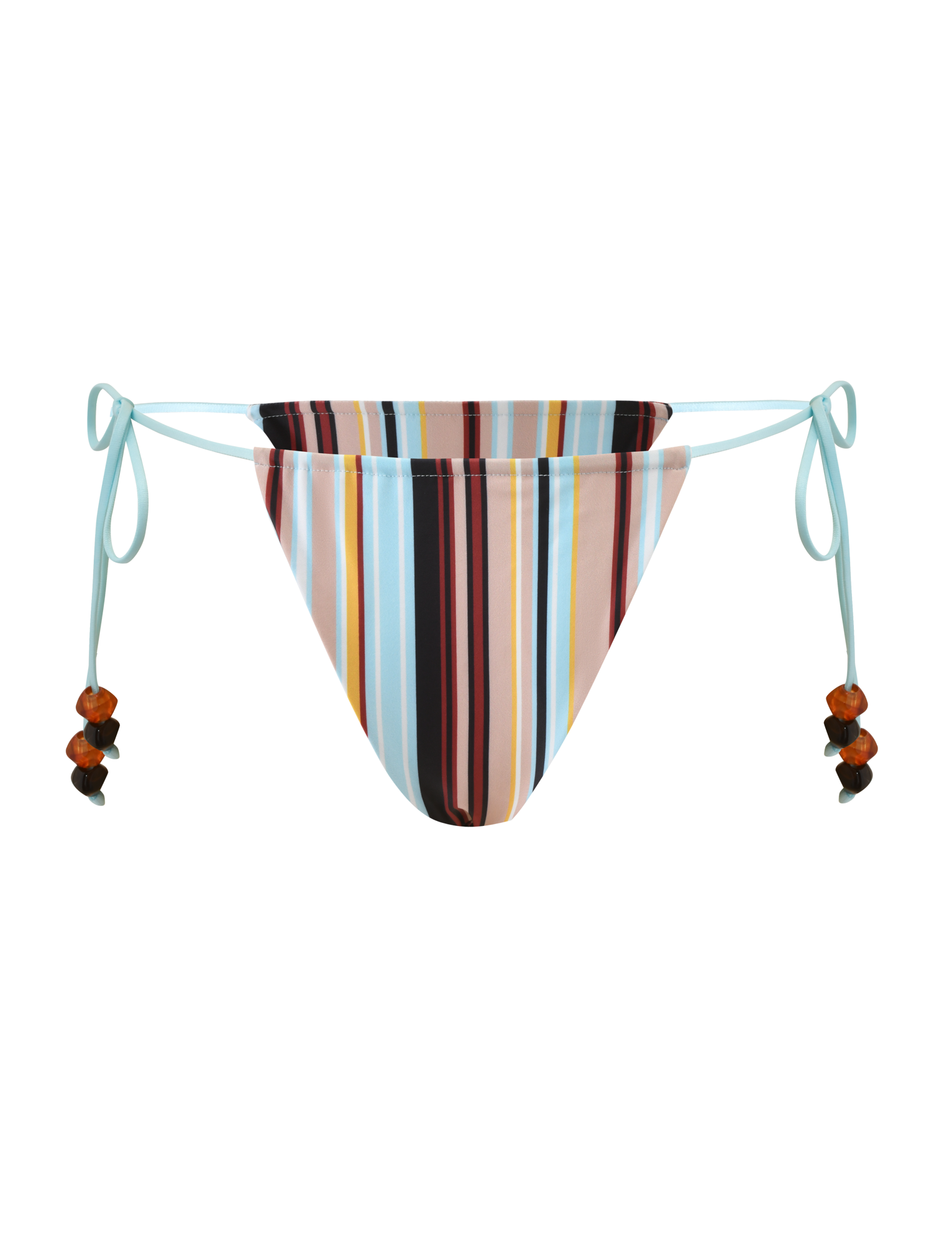 The TIGERMIST AVE BIKINI BOTTOM - VARIEGATED STRIPE features multicolored vertical stripes, light blue adjustable side ties with brown and black beads, cheeky coverage, and a plain white background.