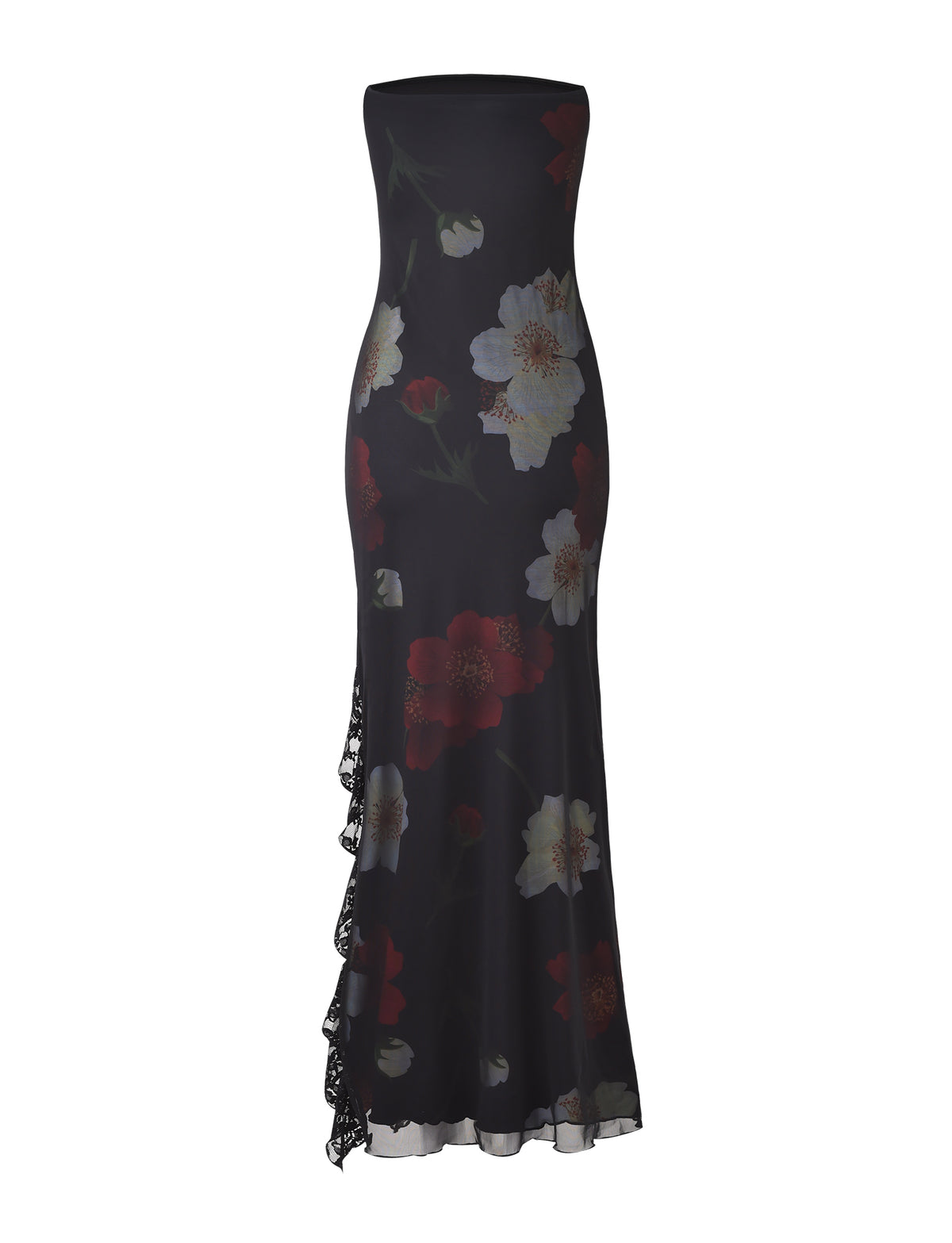 The Theo Maxi Dress - Red: Macro Floral by TIGERMIST is a strapless, floor-length black dress with a fitted silhouette. It features a striking red and white floral print and has a slight asymmetrical ruffle detail cascading down one side, adding an elegant touch.