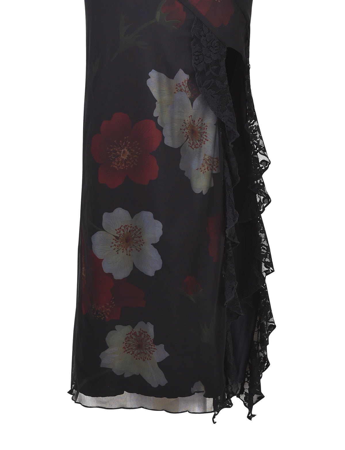 A close-up of the Theo Maxi Dress - Red: Macro Floral from TIGERMIST, showcasing its black fabric adorned with red and white floral designs. The dress is highlighted by a lace trim on the right side, complemented by cascading ruffles.