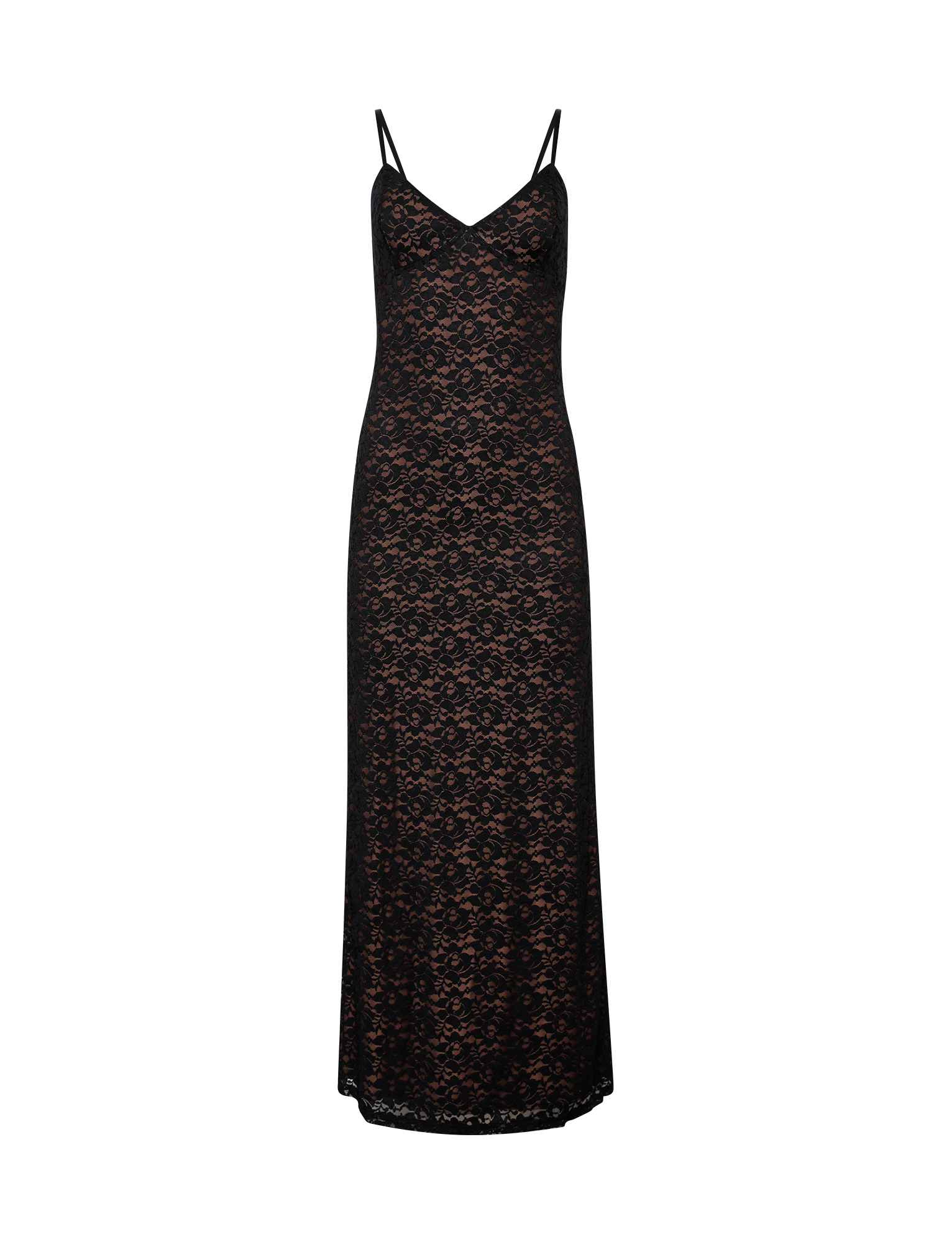 The TIGERMIST JULIANNA LACE DRESS - BLACK is a sleeveless maxi gown with thin straps, a fitted bodice, and a slightly flared hem, shown against a plain white background.