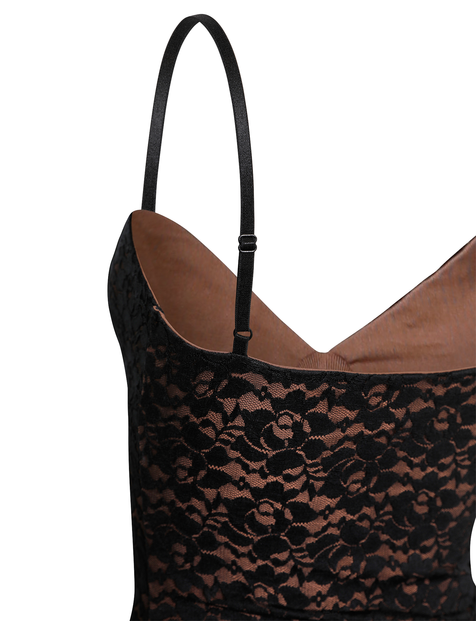 Close-up of the TIGERMIST JULIANNA LACE DRESS - BLACK : LACE, featuring thin black adjustable straps and a black floral lace overlay on a nude lining.