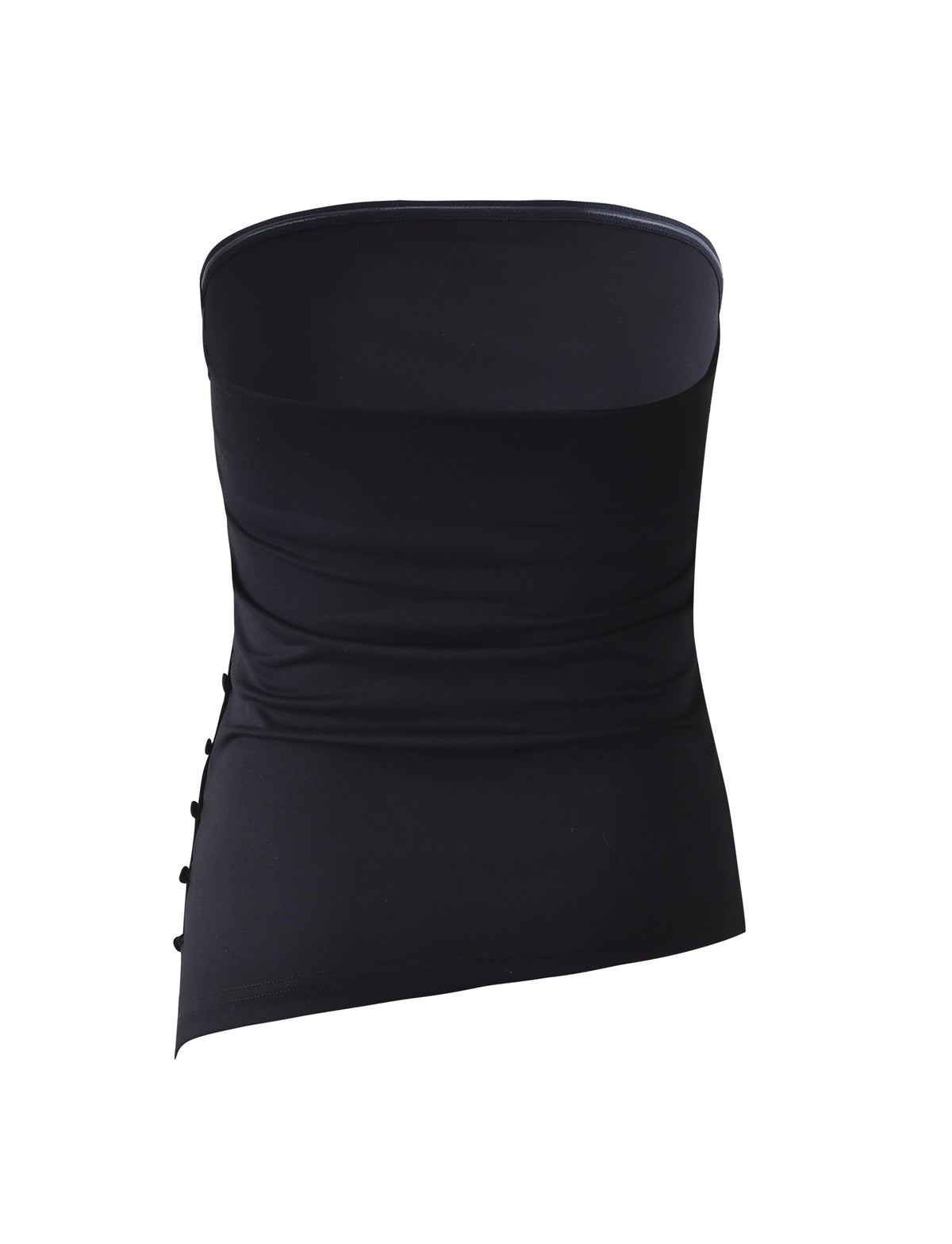 The INDIRA TOP - BLACK from TIGERMIST, isolated on a white background. This black strapless tube top boasts a simple, form-fitting design with a smooth texture and a slightly shiny finish. It features a seamless construction without visible embellishments, seams, or closures.