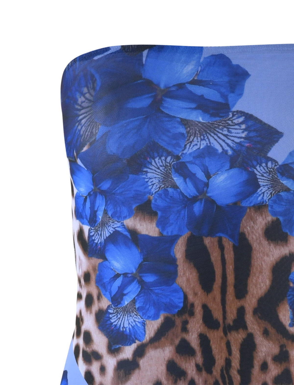 The THEO MAXI DRESS - MULTI : LEOPARD from TIGERMIST features a strapless design with a blend of blue floral motifs and a leopard print pattern. The fabric appears smooth and silky, with the striking blue flowers standing out against the animal print background.
