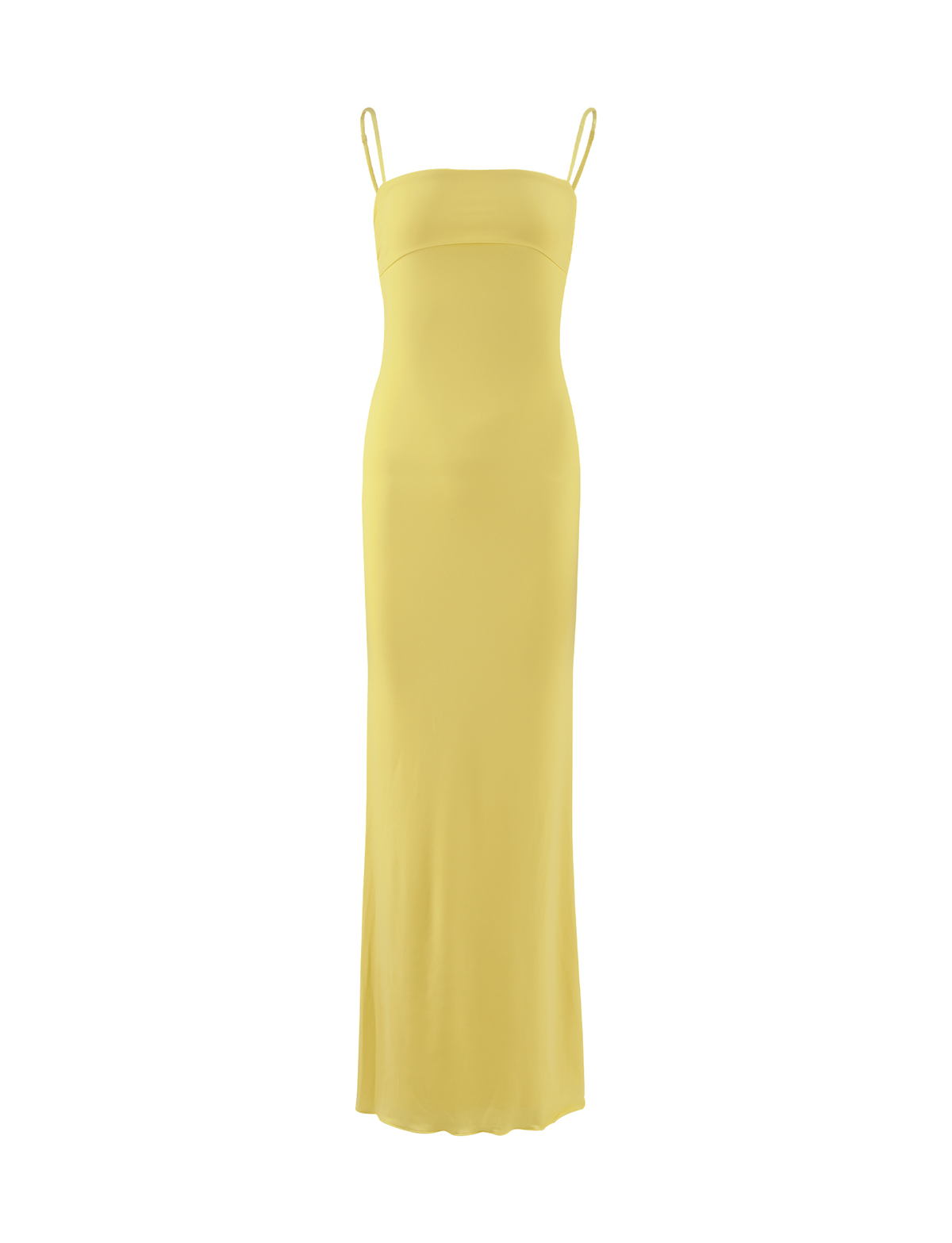 The TIGERMIST CARA DRESS - YELLOW : PASTEL CITRUS is a sleeveless, ankle-length yellow mesh maxi dress featuring thin spaghetti straps and a fitted silhouette, shown on a white background.