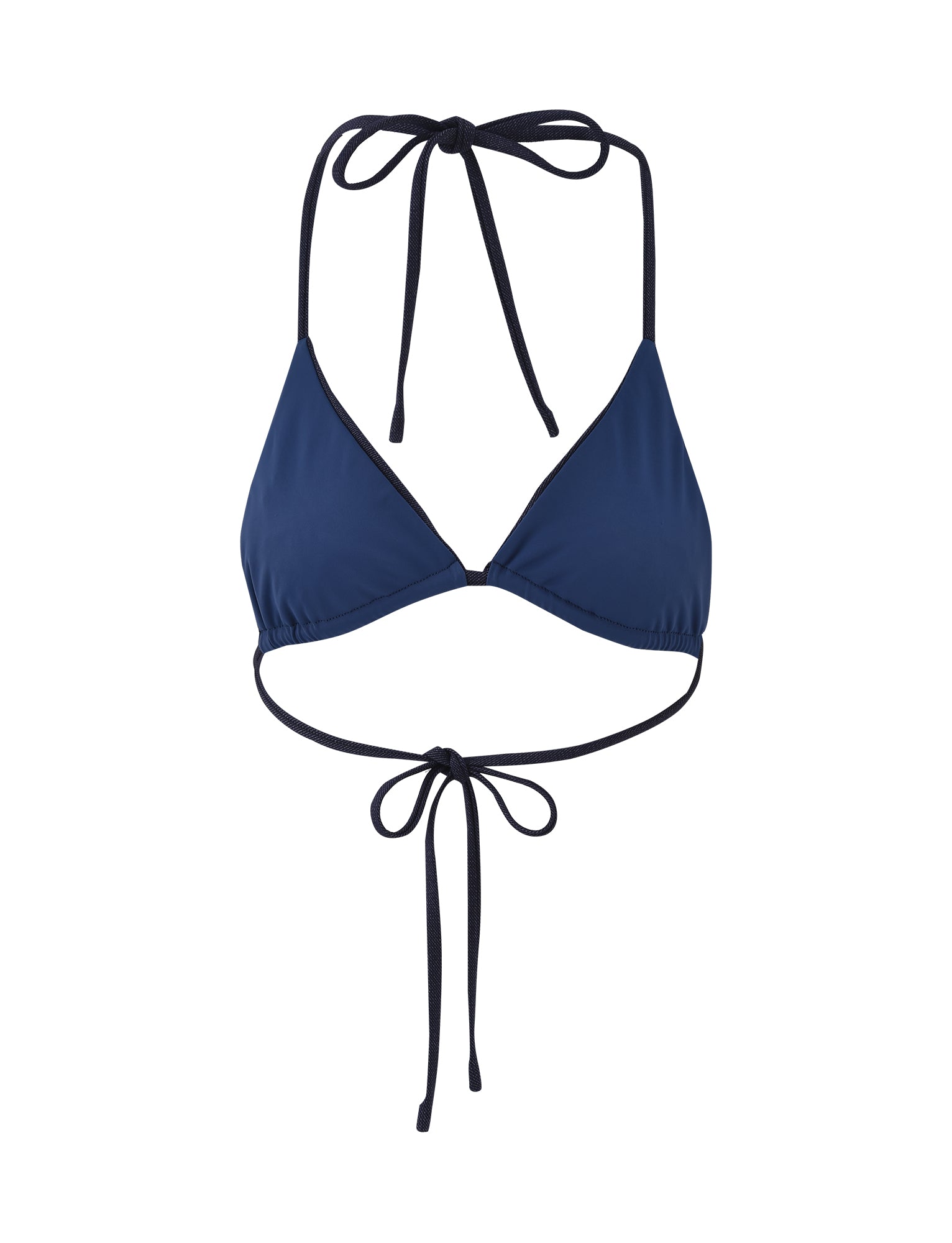 The CALISTA BIKINI TOP - BLUE : DARK DENIM from TIGERMIST features a pair of navy blue triangular cups with thin straps that tie around the neck and back in a halter style. The fabric is smooth and fitted, providing a sleek look.