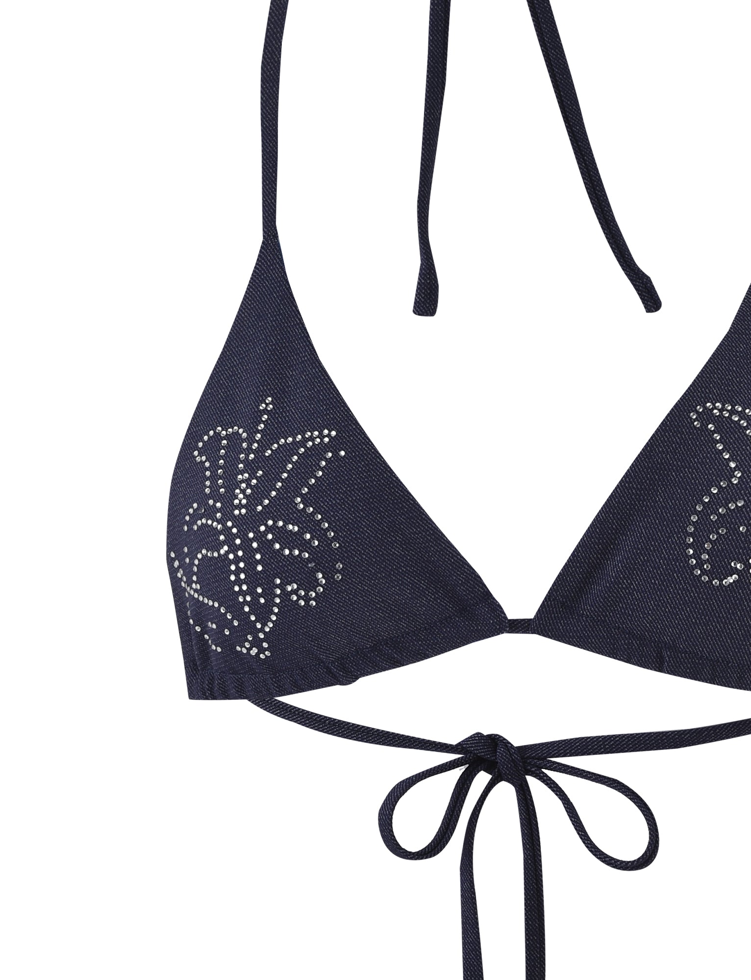 Here is a rewrite of the sentence using the given product data:

The CALISTA BIKINI TOP - BLUE : DARK DENIM from TIGERMIST is a navy blue triangle bikini top featuring halter neck straps and a tie at the back. It’s adorned with white rhinestone embellishments that form floral designs on each triangle cup.
