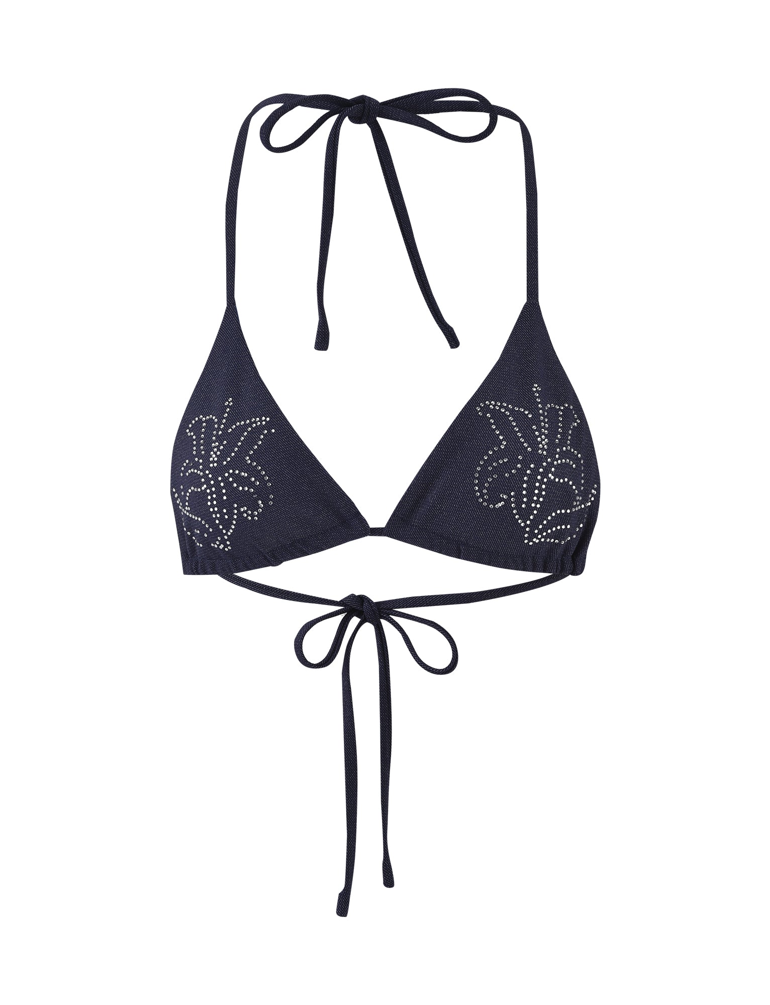 A dark denim CALISTA bikini top from TIGERMIST with thin straps that tie around the neck and back. The fabric features small rhinestones arranged in a leaf pattern on each cup.