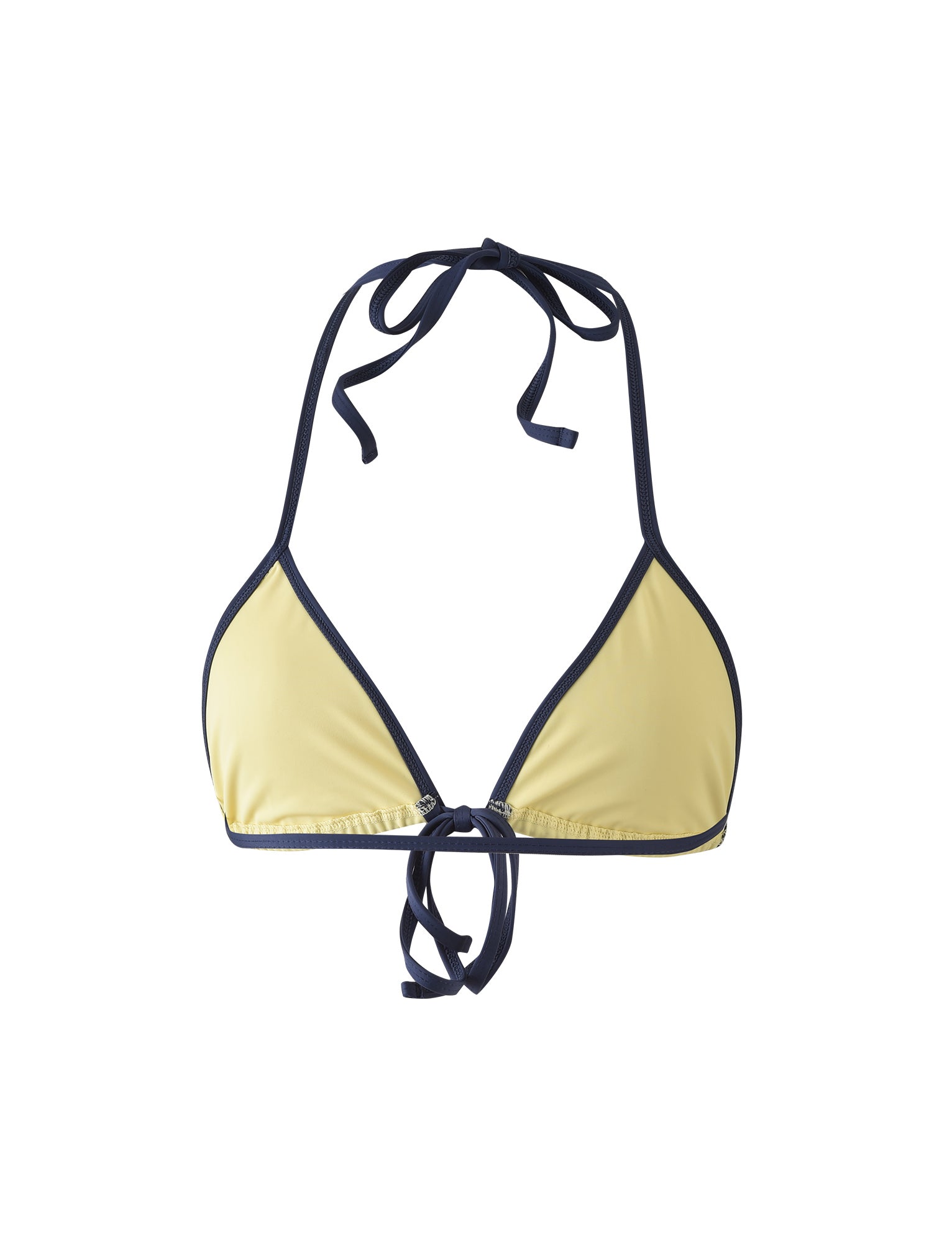 A pale yellow Kristin Bikini Top from TIGERMIST, featuring black trim, triangle-shaped cups, and ties around the neck and back. The background is white.