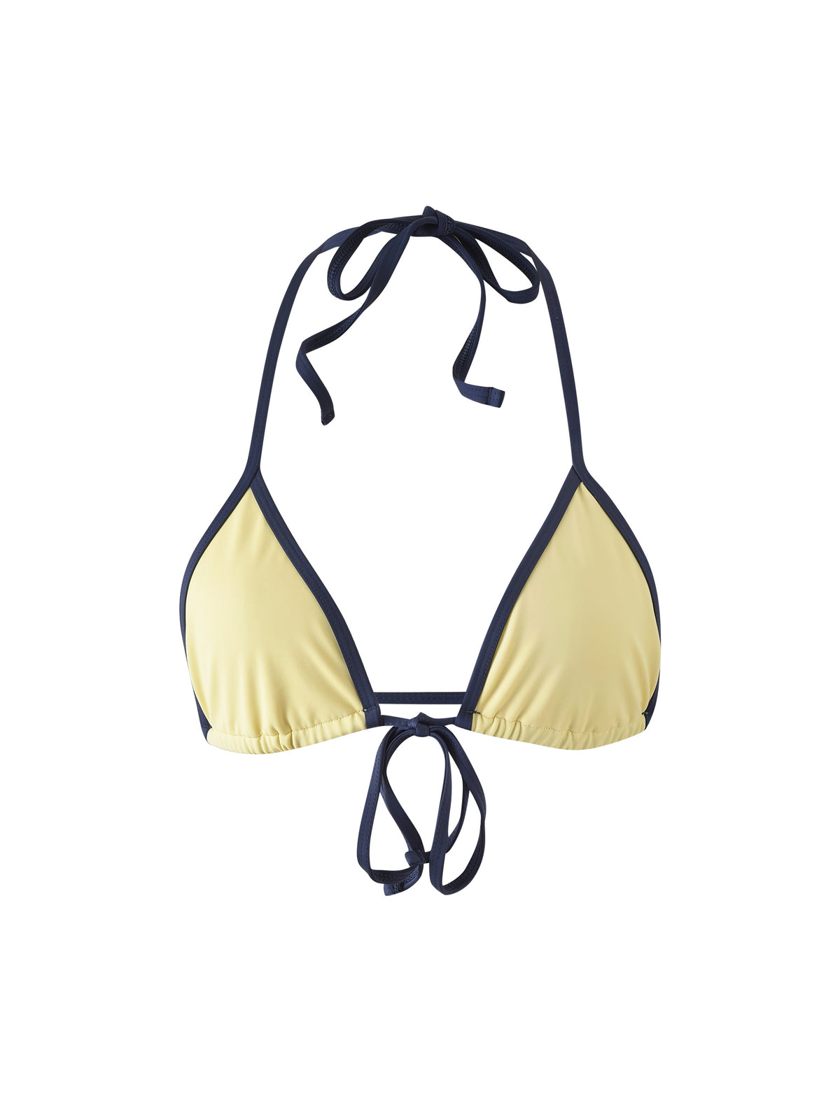 The KRISTIN BIKINI TOP - YELLOW by TIGERMIST showcases a pale yellow color with dark blue trim and strings. It features a halter neck tie and a tie closure at the back for an adjustable fit. The bikini top includes gathered fabric at the bust for added detail, set against a plain white background.