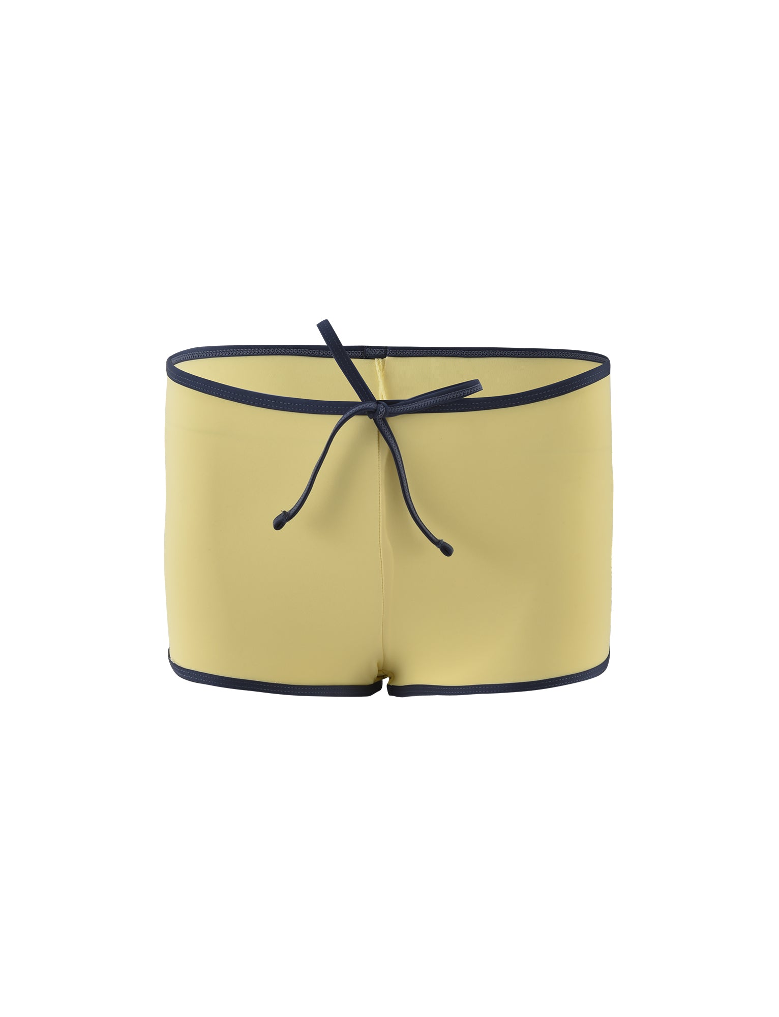 A pair of TIGERMIST KRISTIN BIKINI BOTTOM - PALE YELLOW swim trunks with black trim and a black drawstring at the waistband. The bikini bottom features a form-fitting design and is displayed against a white background.