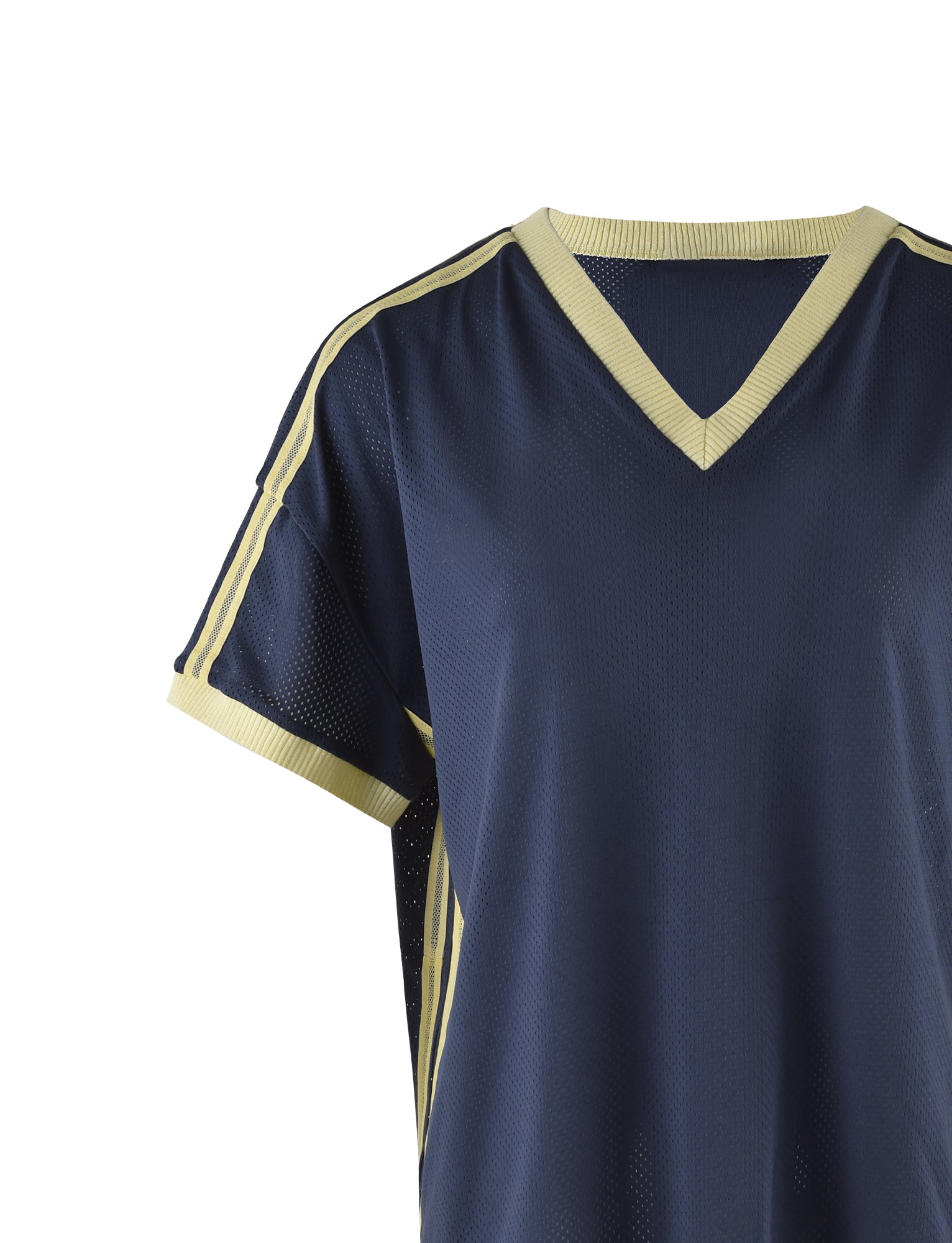 This JAYNA TEE - BLUE from TIGERMIST is a dusty blue athletic jersey with a V-neck collar and short sleeves, accented by light yellow trim around the neck, sleeves, and sides. Displayed against a white background, the image showcases only the upper section of the plain jersey.