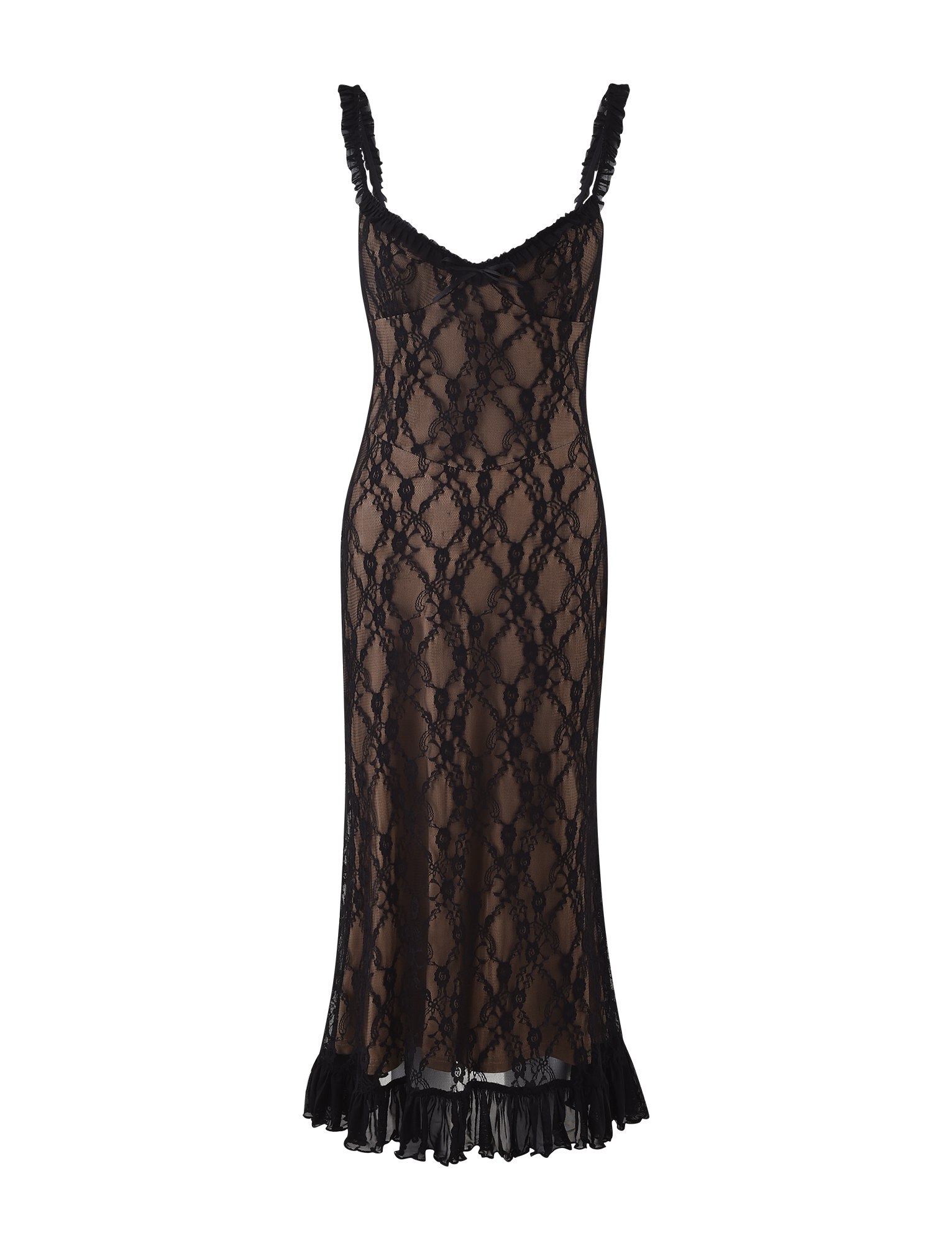 The DEJA DRESS - BLACK : LACE by TIGERMIST is a sleeveless, fitted dress with a nude underlay, ruffled straps, ruffled hem, and a sheer floral lace pattern throughout.
