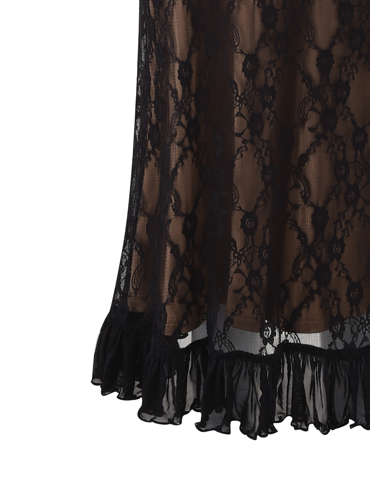 Close-up of the TIGERMIST DEJA DRESS in black lace, showcasing sheer floral lace with a ruffled hem over a nude lining for a delicate, elegant look.