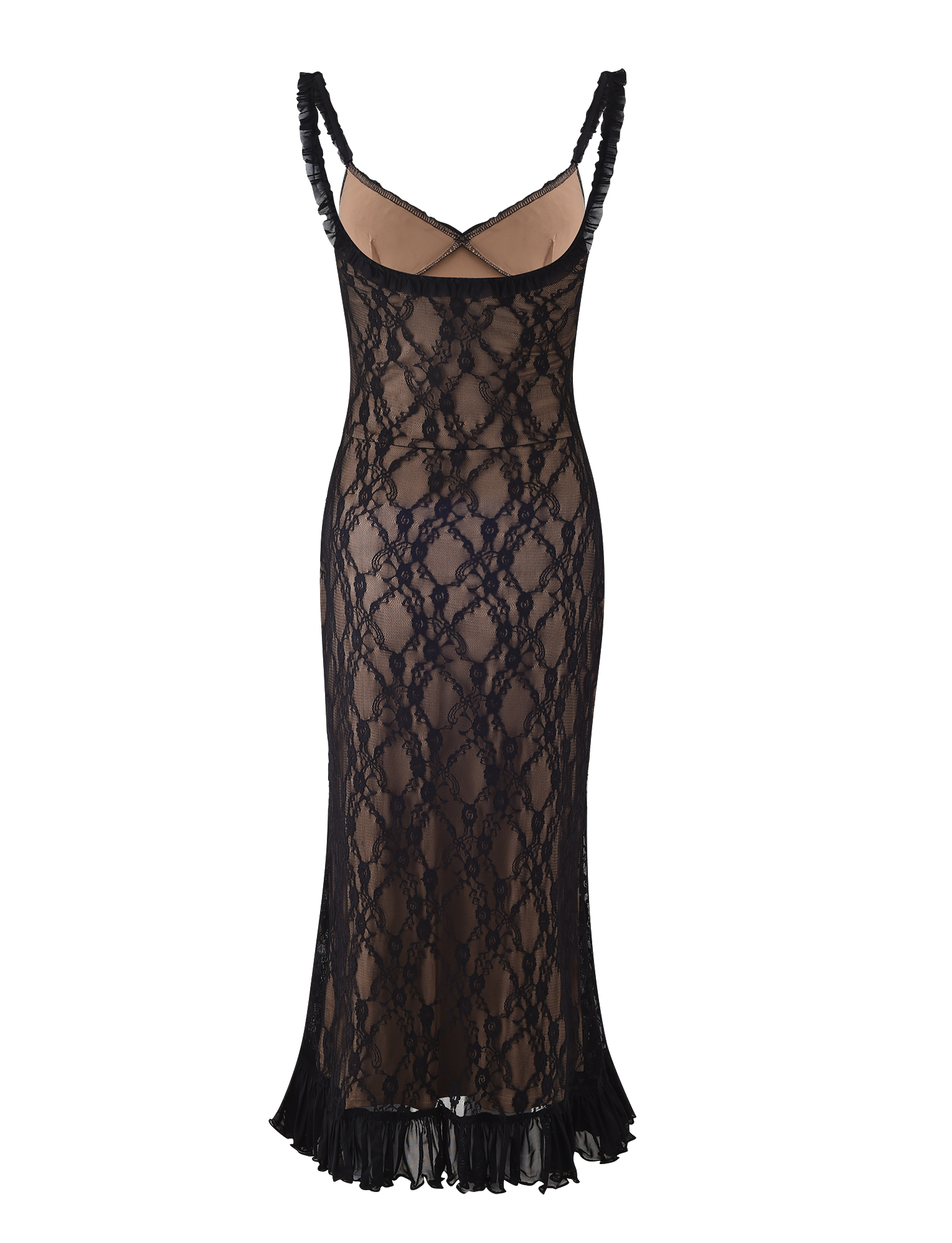 The DEJA DRESS - BLACK : LACE by TIGERMIST features sheer black lace, spaghetti straps, a fitted silhouette, ruffled hem, nude lining, and a low-cut back with crisscross straps.