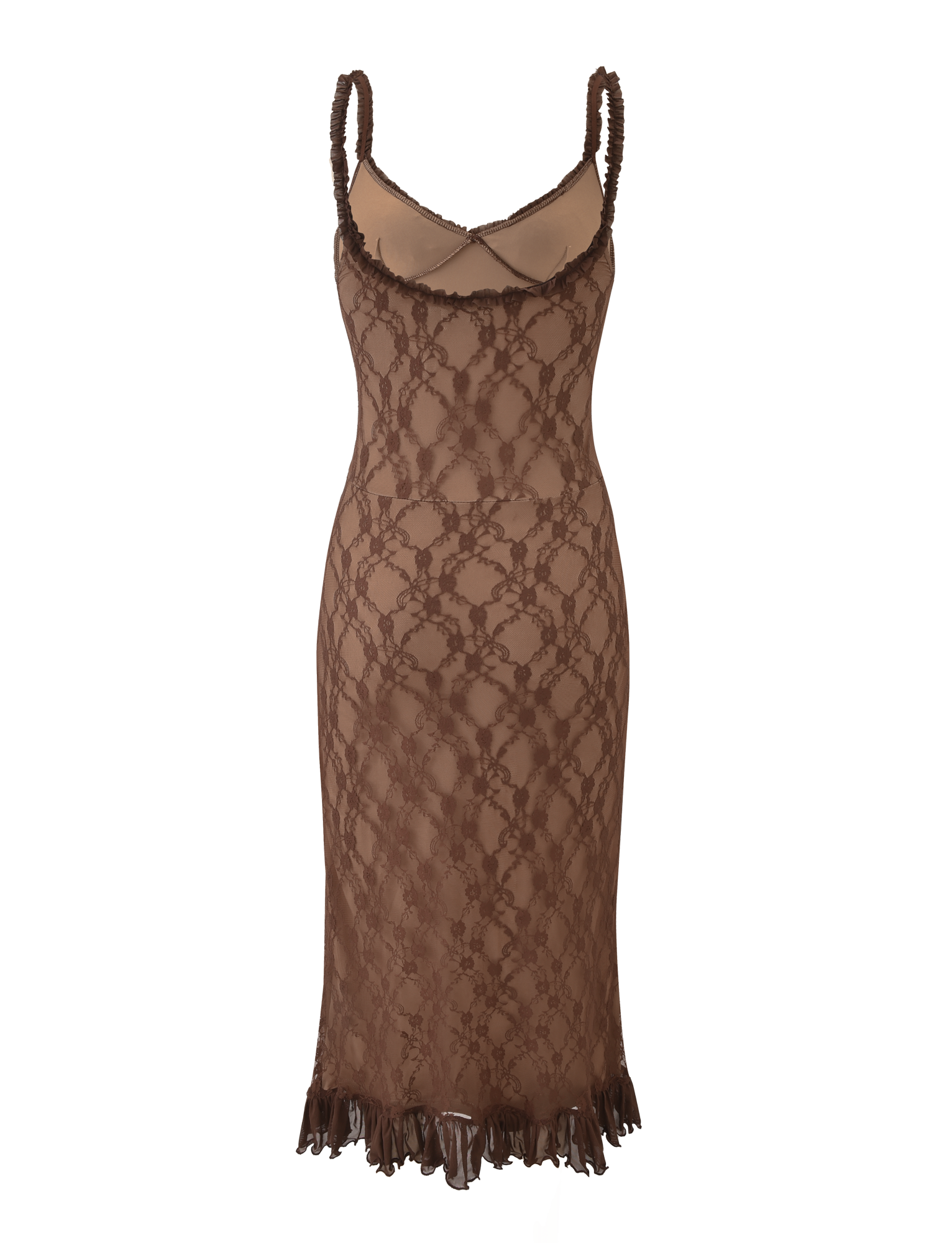 The TIGERMIST DEJA DRESS - BROWN LACE is a sleeveless, ankle-length dress with brown mesh, lace details, spaghetti straps, a semi-sheer floral pattern, and ruffled trim at the hem and neckline, shown on a white background.
