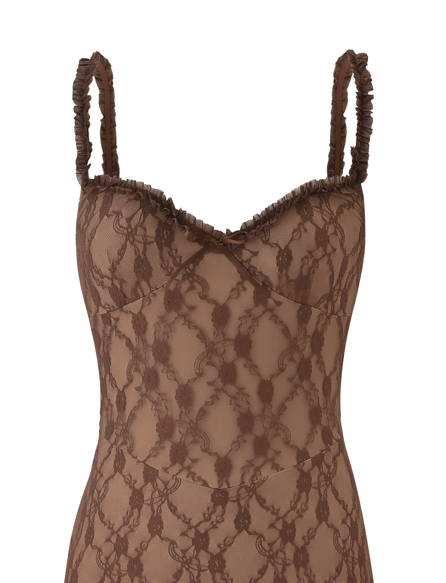 A close-up of the TIGERMIST DEJA DRESS - BROWN LACE, a sleeveless midi dress with ruffled straps, sweetheart neckline, and floral lace over brown mesh lining.