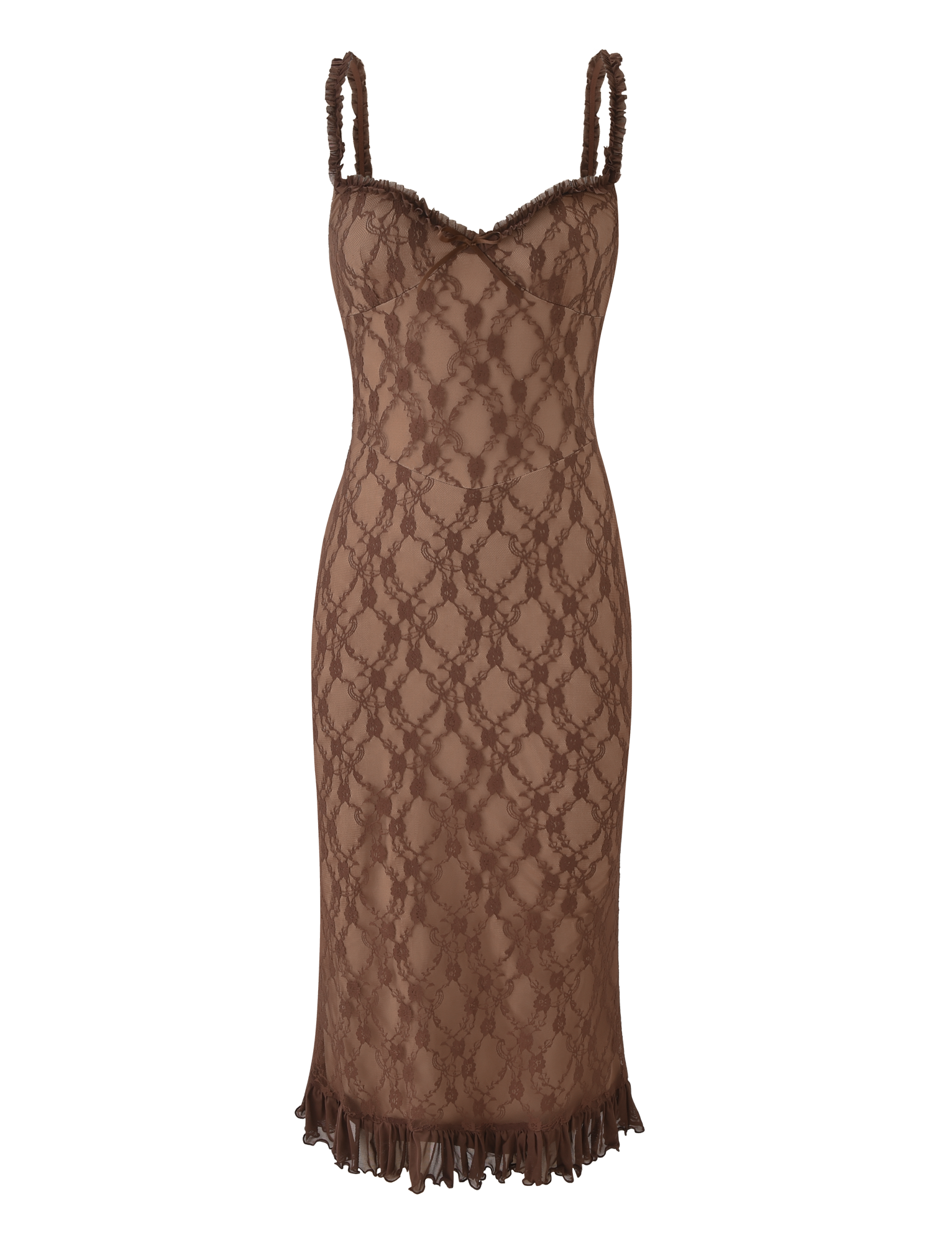 The DEJA DRESS - BROWN LACE by TIGERMIST is a sleeveless mesh midi dress with thin straps, a sweetheart neckline, fitted silhouette, scalloped hem, and an all-over floral lace design.