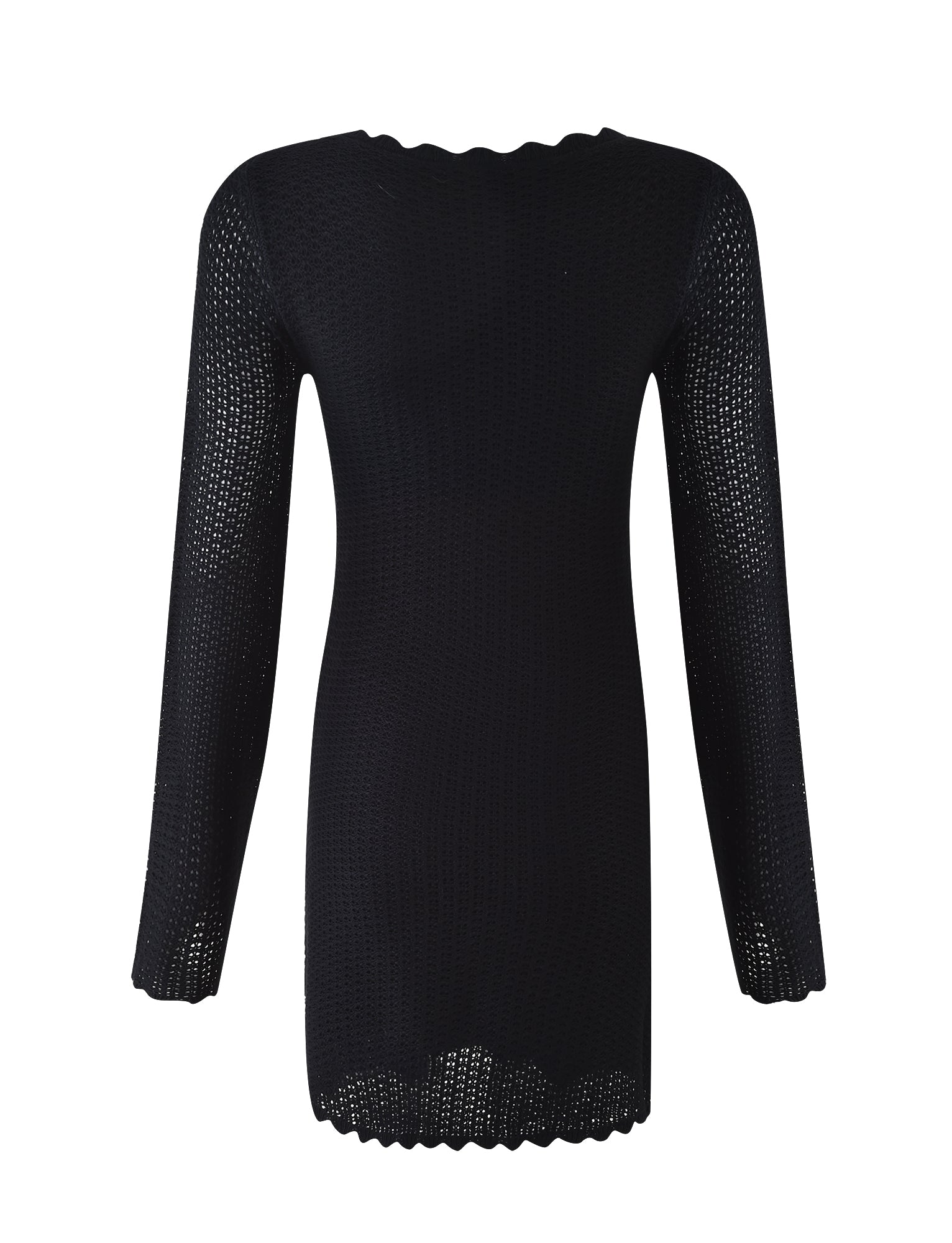 The TEREZA DRESS - BLACK from TIGERMIST is showcased against a white background. This black, long-sleeved crochet-knit dress features a semi-sheer, textured pattern with scalloped edges at the neckline, cuffs, and hem.