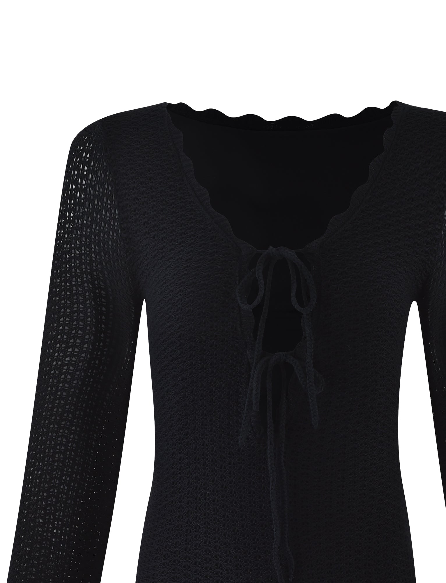 Introducing the TEREZA DRESS - BLACK from TIGERMIST: a long-sleeve knit dress featuring a scalloped neckline and an open front with two tie closures near the chest. The semi-sheer knit pattern adds an alluring, see-through texture to the garment.