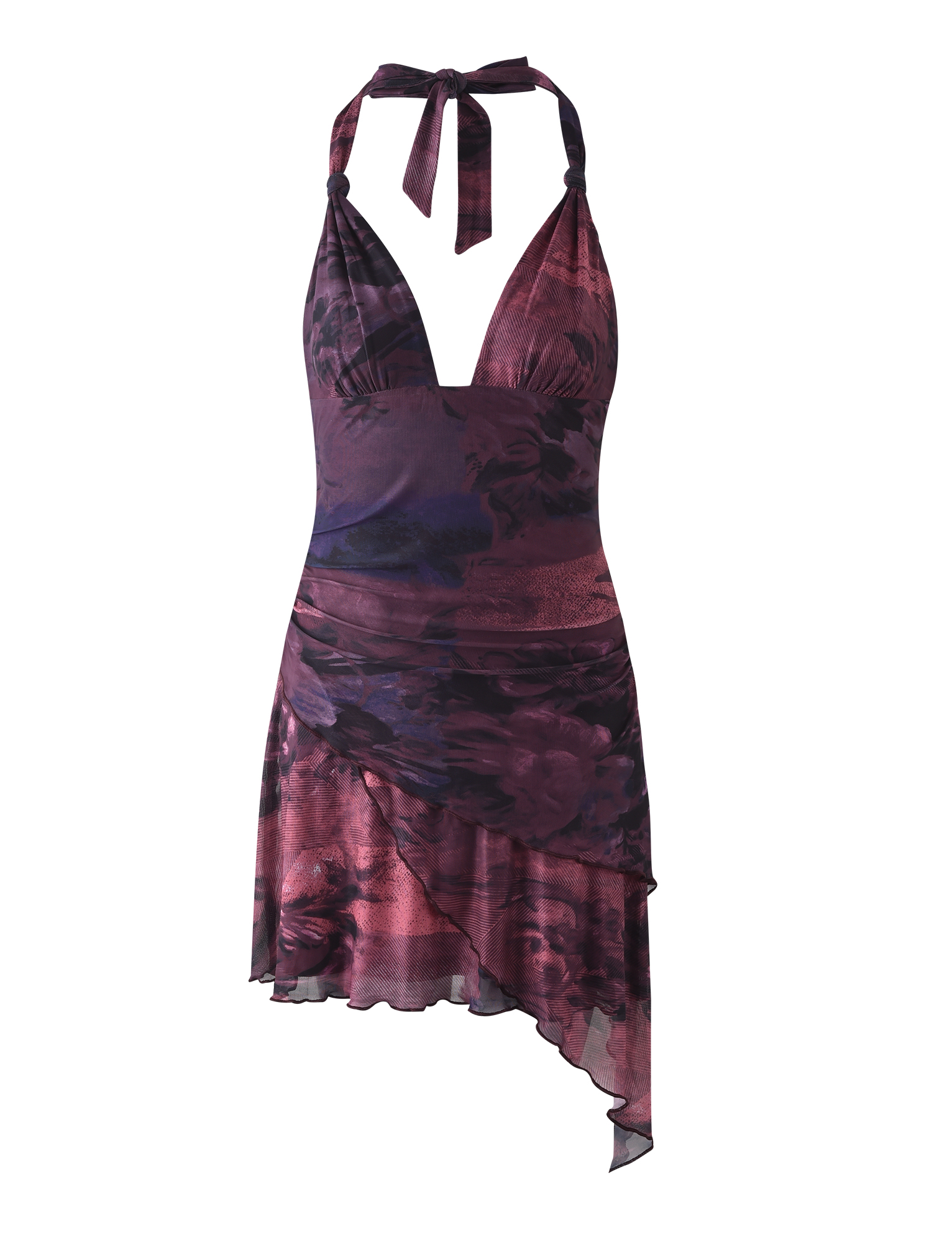 The TIGERMIST FRIEDA DRESS - RED : BURGUNDY ROMANTIC is a sleeveless halter mini dress with a deep V-neck, neck tie, open back, floral burgundy mesh fabric, and an asymmetrical layered chiffon-like hem.