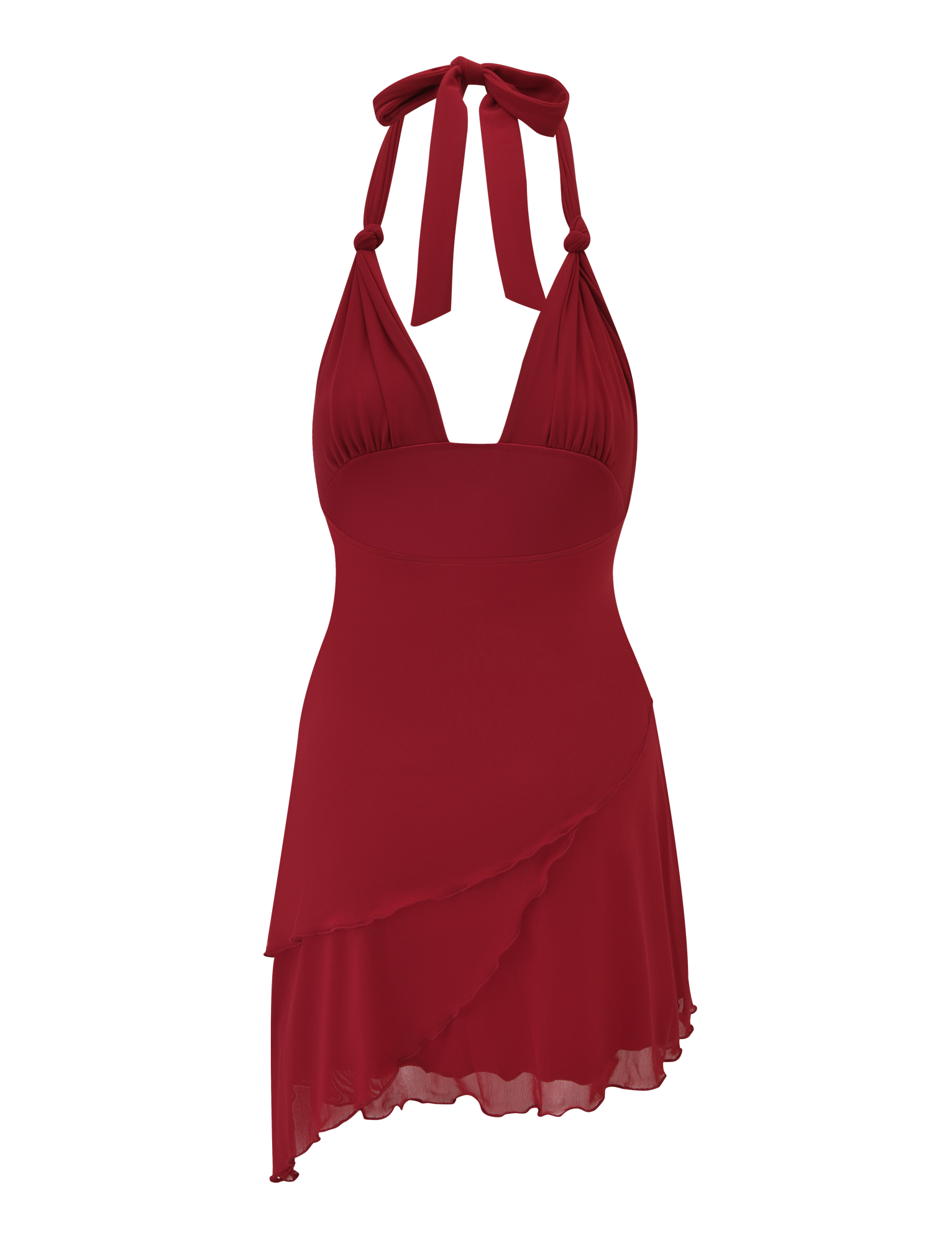 The TIGERMIST FRIEDA MINI DRESS - RED is a sleeveless asymmetrical halter mini dress with a fitted bodice, plunging neckline, layered chiffon skirt, and an open back that ties at the neck with wide straps.