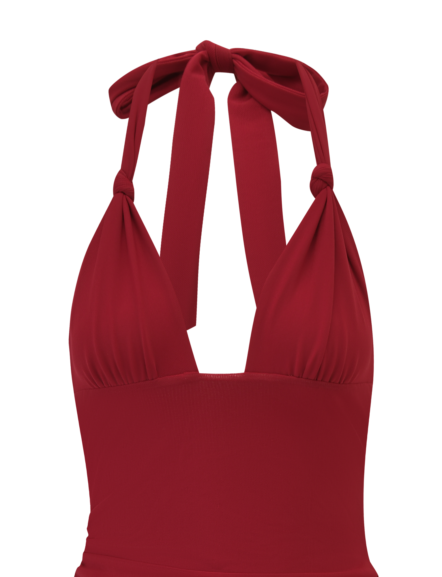 A close-up of a red halter bikini top with thick neck straps and gathered cups, reflecting the bold style of the TIGERMIST FRIEDA MINI DRESS - RED.