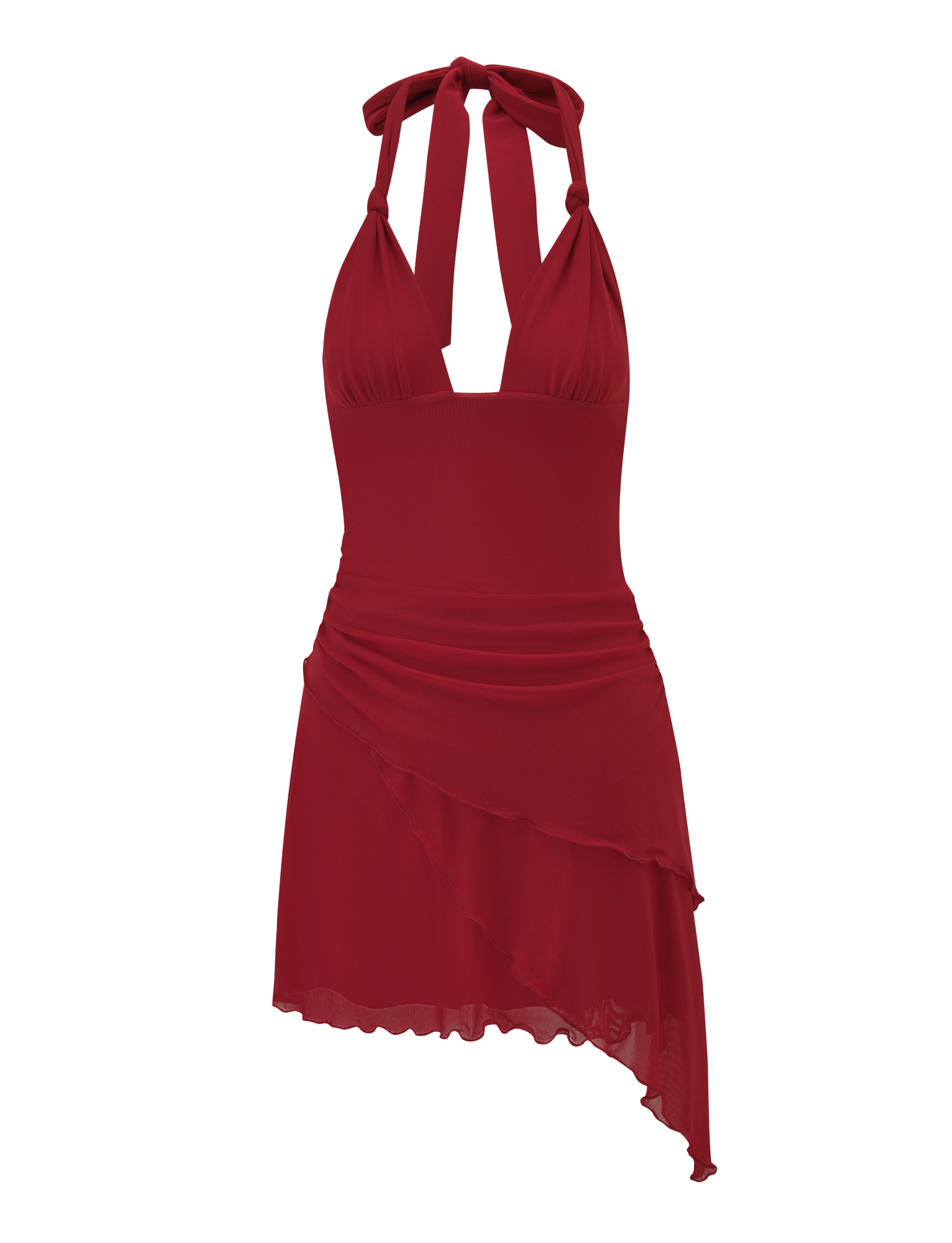 The FRIEDA MINI DRESS - RED by TIGERMIST is a sleeveless halter mini dress in deep red, featuring a ruched bodice, asymmetrical layered sheer skirt, fitted waist, neck tie closure, and an elegantly open back.