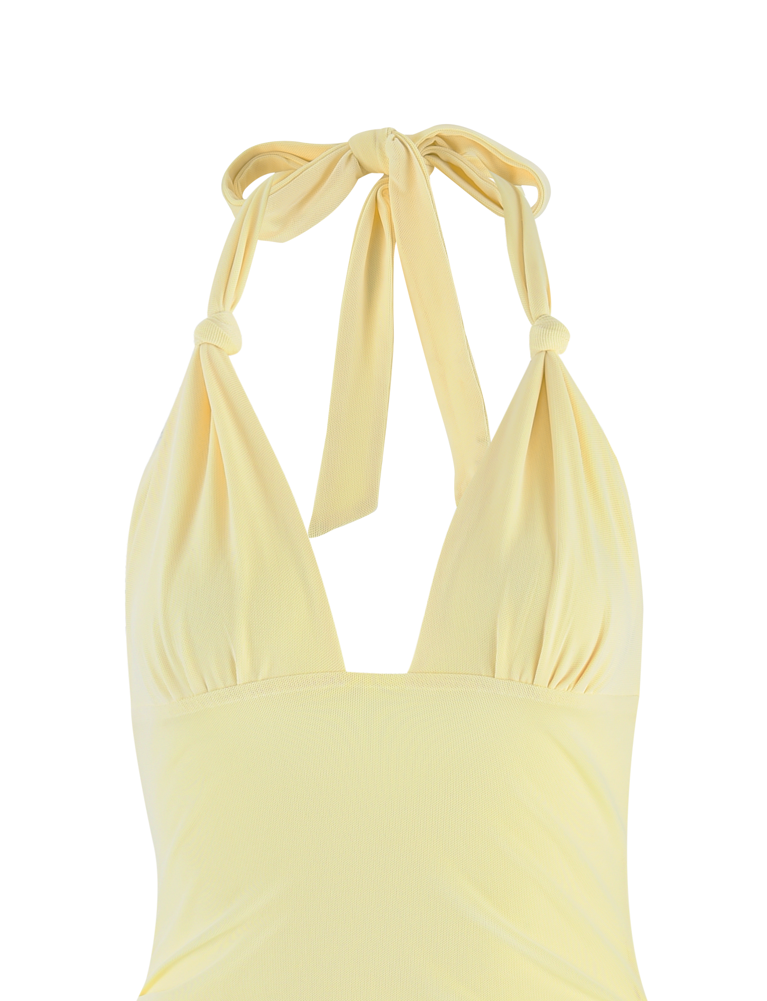 The FRIEDA DRESS - YELLOW : BUTTER by TIGERMIST features a light yellow halter style with gathered cups and a neck tie, displayed from the front against a plain background.