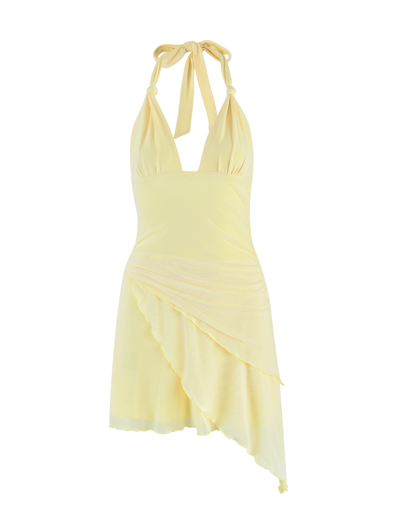 The TIGERMIST FRIEDA DRESS - YELLOW: BUTTER is a halter-style, sleeveless mini dress with a fitted bodice, deep V-neckline, and asymmetrical layered skirt, made from soft fabric with a gentle sheen.