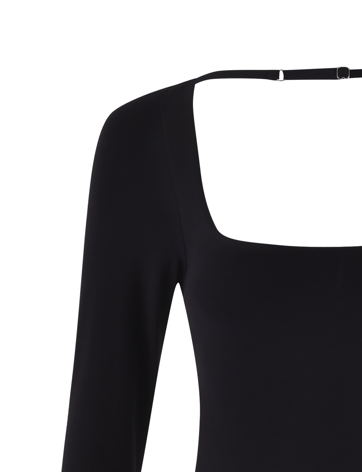 A close-up of TIGERMIST’s MINERVA LONG SLEEVE BODYSUIT - BLACK shows its bodycon fit, wide square neckline, thin upper back strap, and sleek long sleeve design.
