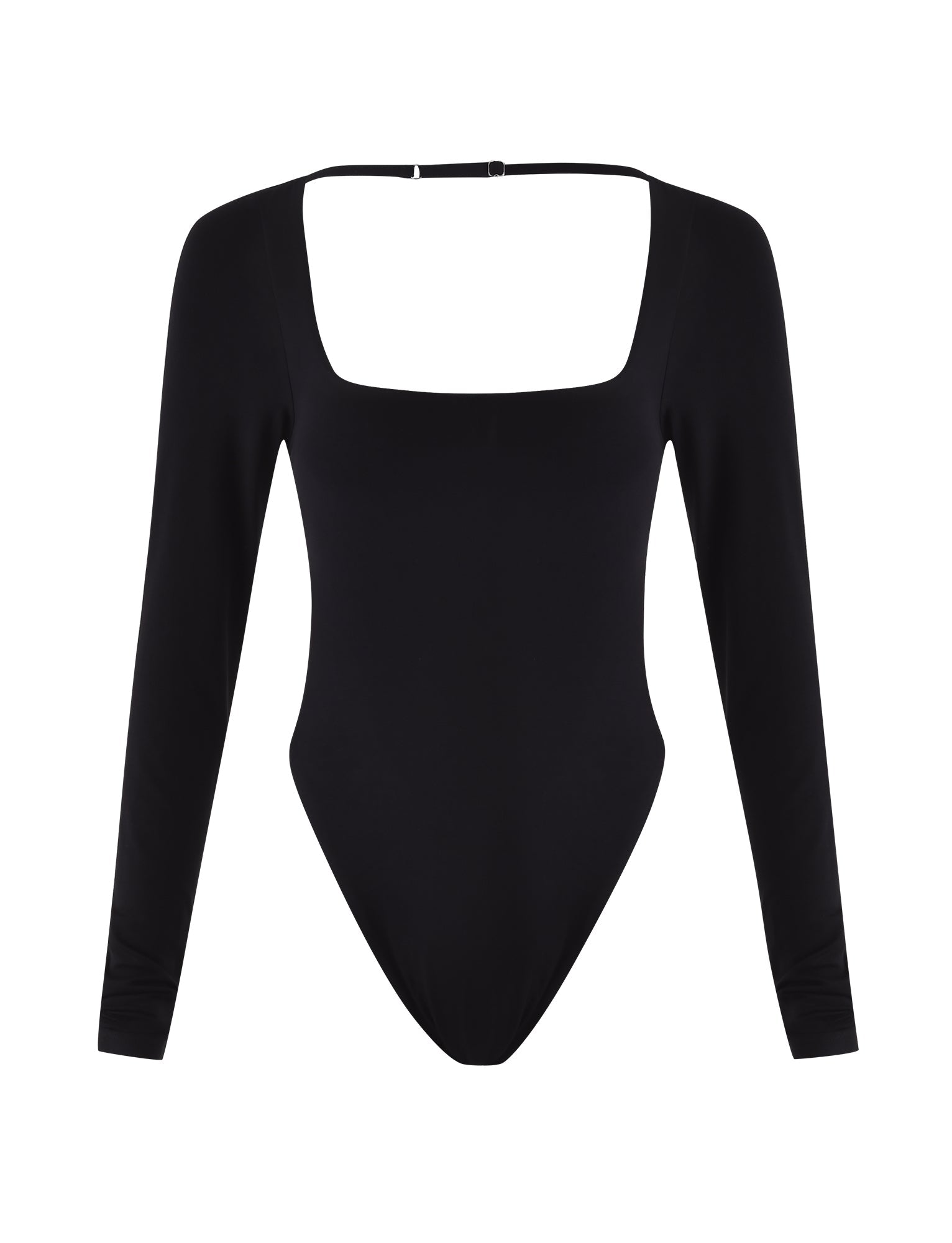 The MINERVA LONG SLEEVE BODYSUIT - BLACK by TIGERMIST features a sleek bodycon fit, long sleeves, square neckline, and high-cut legs, shown against a white background.