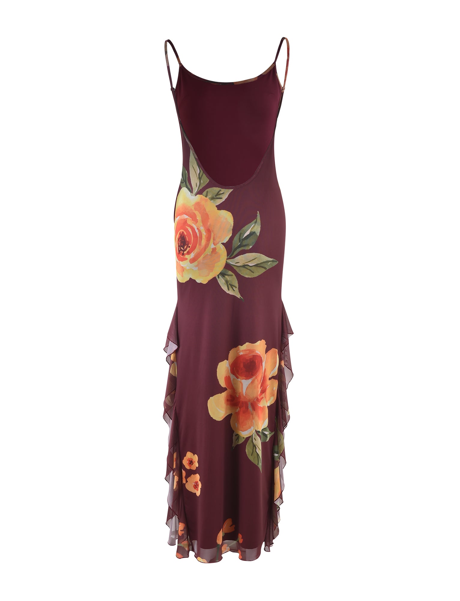 The NEVE DRESS - RED : MACRO FLORAL : BURGUNDY FLORAL by TIGERMIST is a sleeveless, burgundy dress adorned with large, colorful floral prints and green leaves. It features a scoop neckline, spaghetti straps, and ruffled layers along the sides and bottom hem, giving it a flowing, elegant appearance. The fabric appears light and delicate.