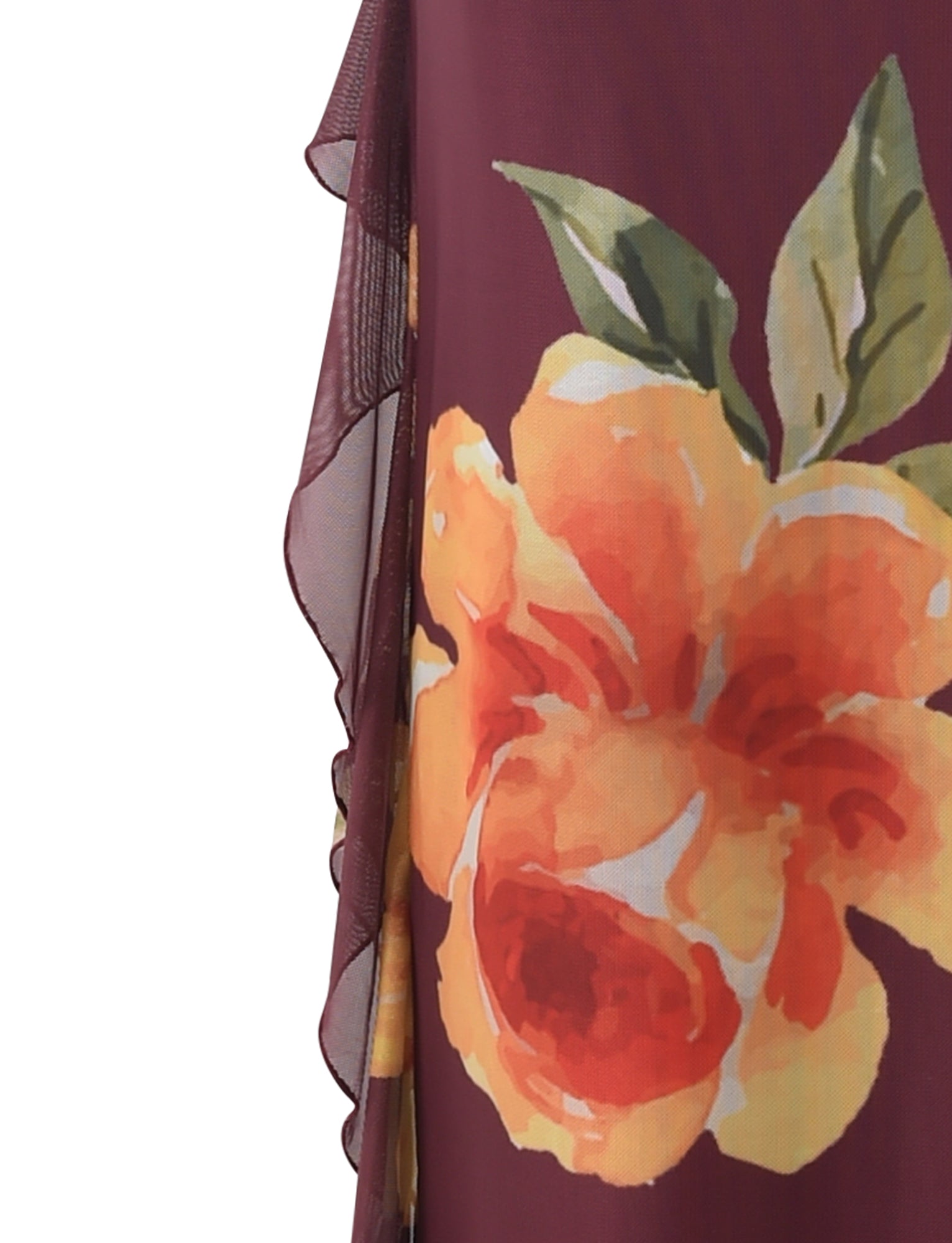 Close-up of the NEVE DRESS from TIGERMIST, featuring a large floral print with orange and yellow flowers and green leaves on a burgundy background. The fabric appears to be lightweight with a sheer overlay on the left side.