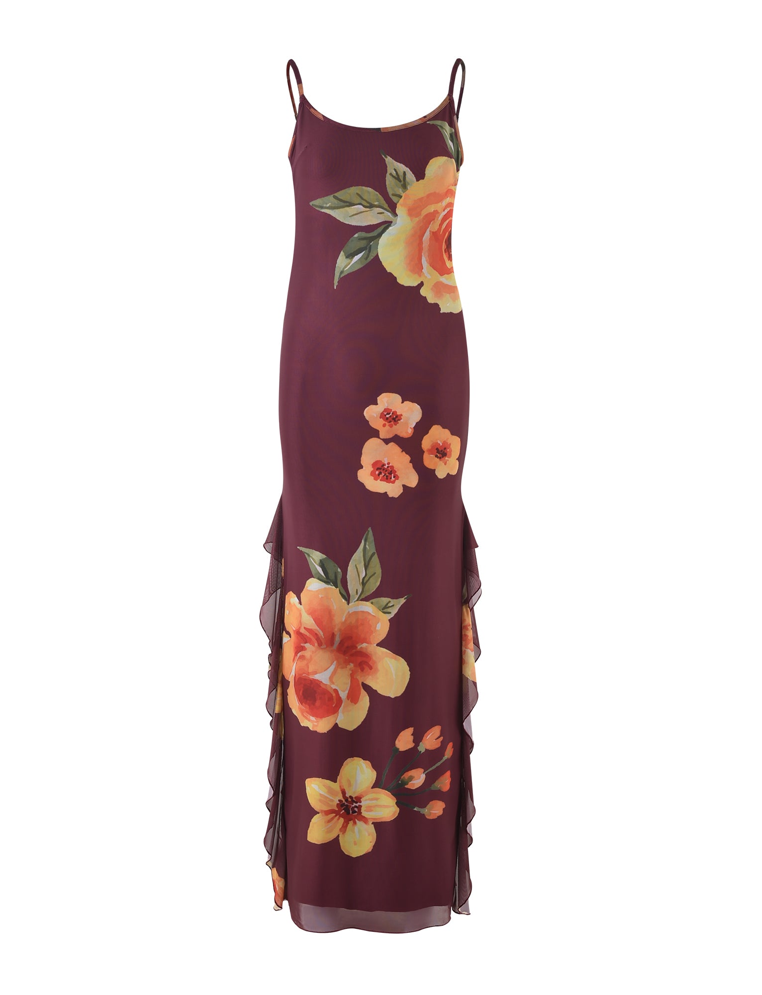 The NEVE DRESS - RED : MACRO FLORAL : BURGUNDY FLORAL from TIGERMIST is a long, sleeveless maroon dress adorned with bright yellow and orange floral patterns. This elegant piece features spaghetti straps and ruffled detailing down the sides, flowing gracefully to the floor.