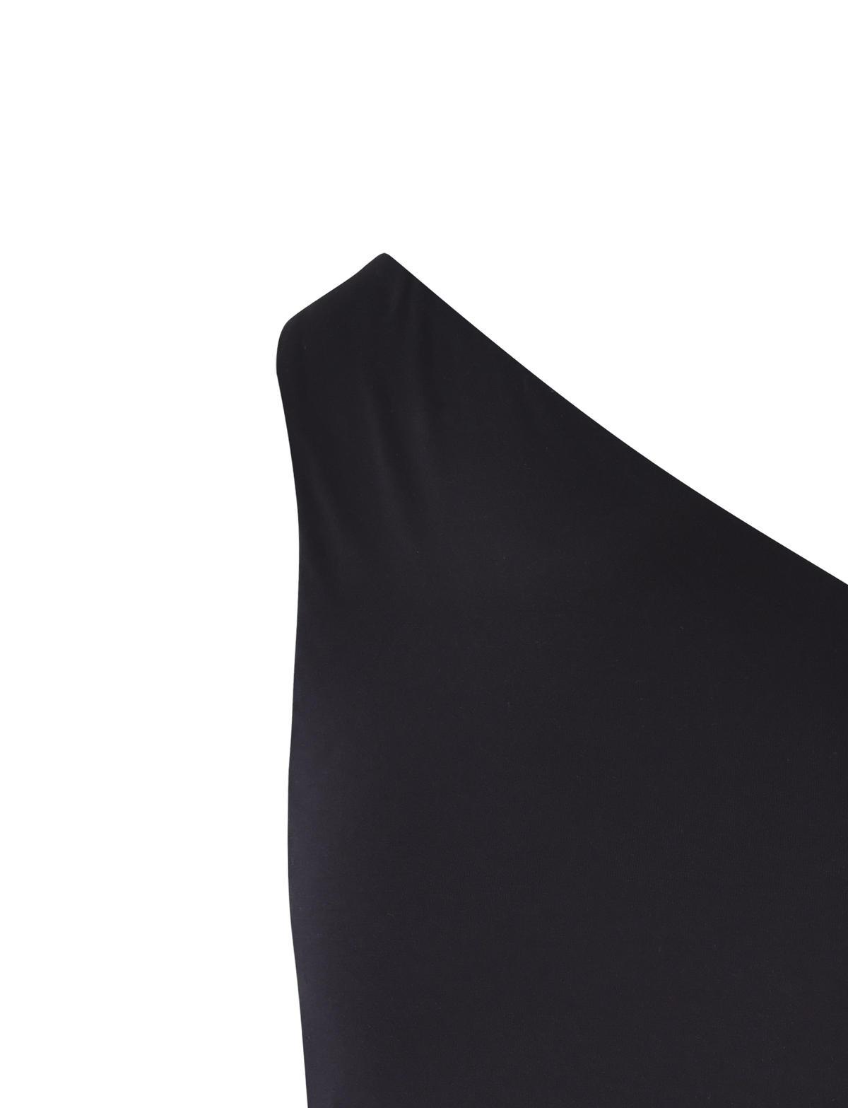 Close-up of the TIGERMIST DREW TOP - BLACK against a white background. The fitted fabric enhances its bodycon silhouette and emphasizes the bold asymmetric one-shoulder neckline.
